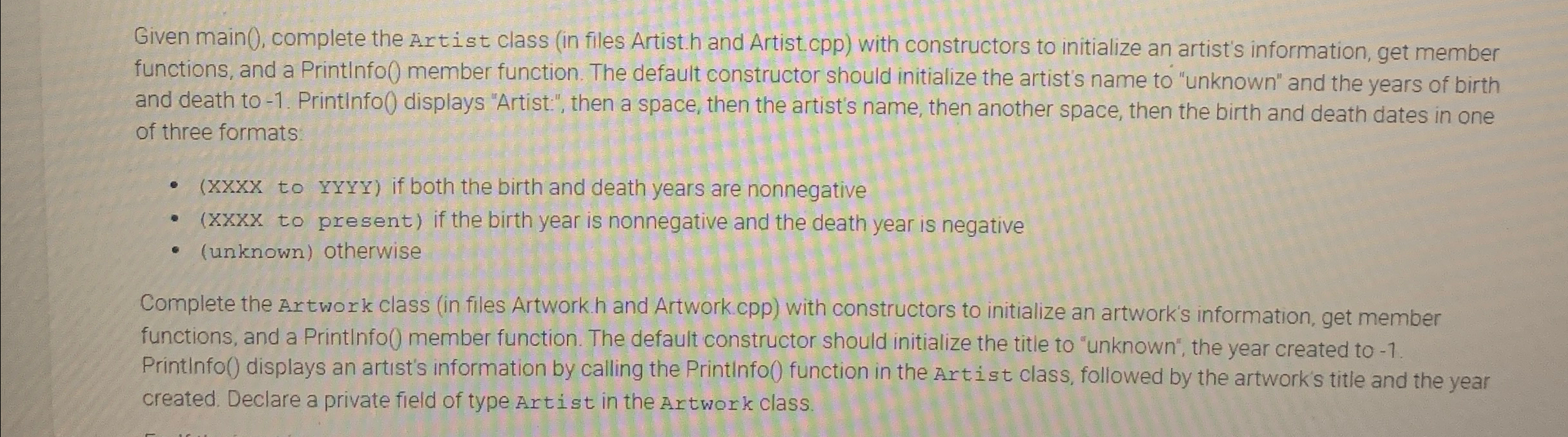 Given main ( ) , complete the A . rt ist class (