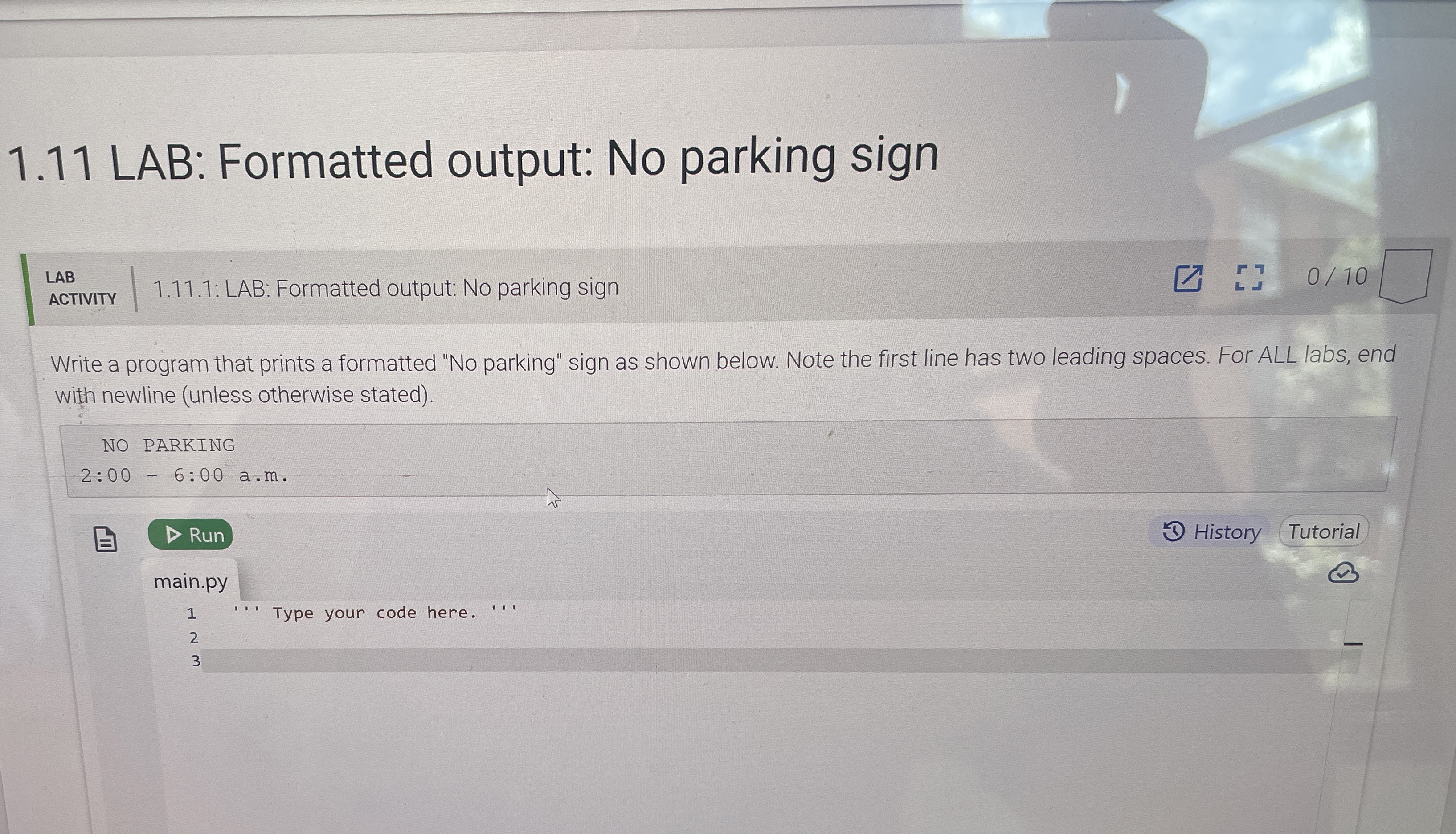 1 . 1 1 LAB: Formatted output: No parking sign