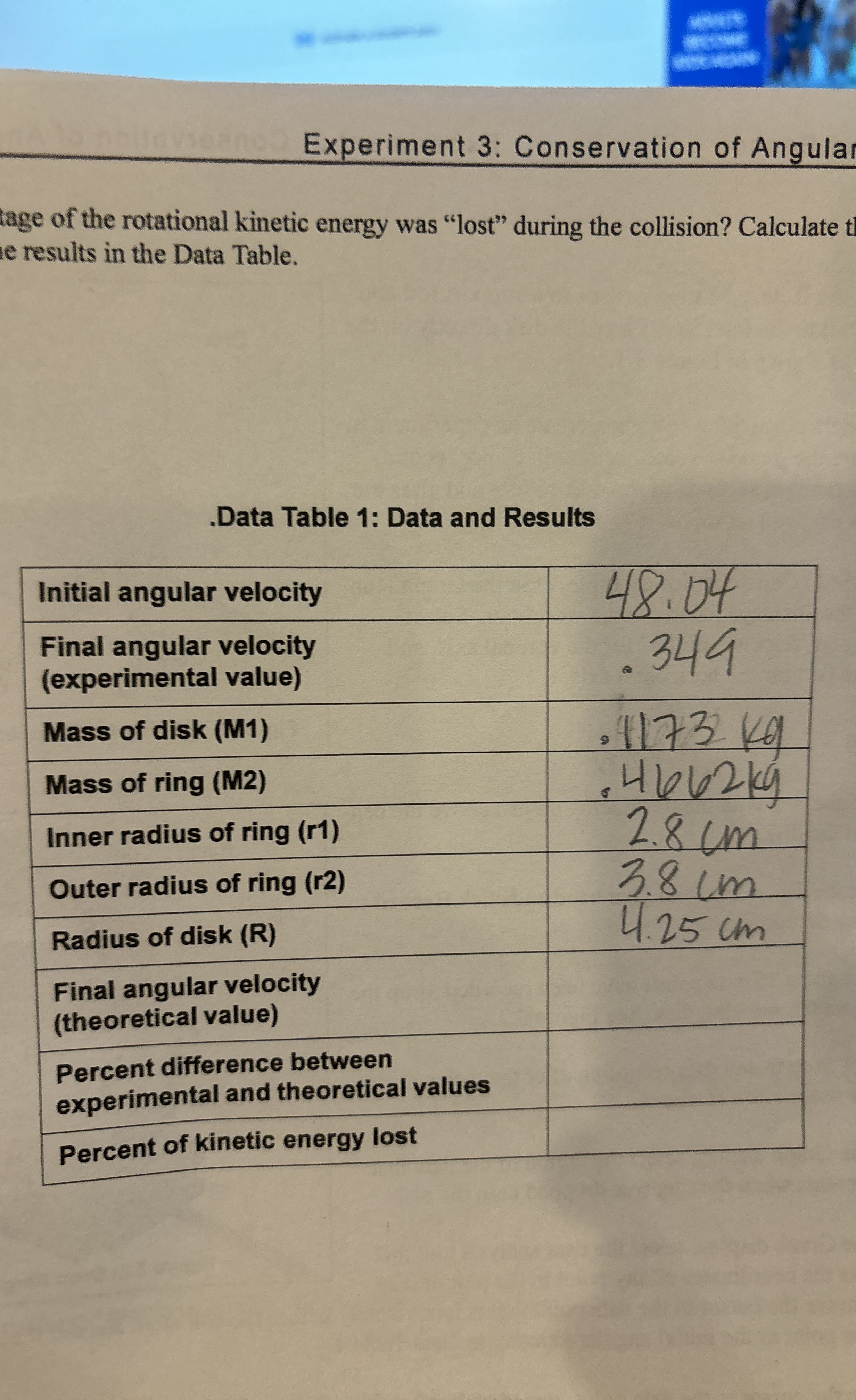 Experiment 3 : Conservation of Angula tage of the