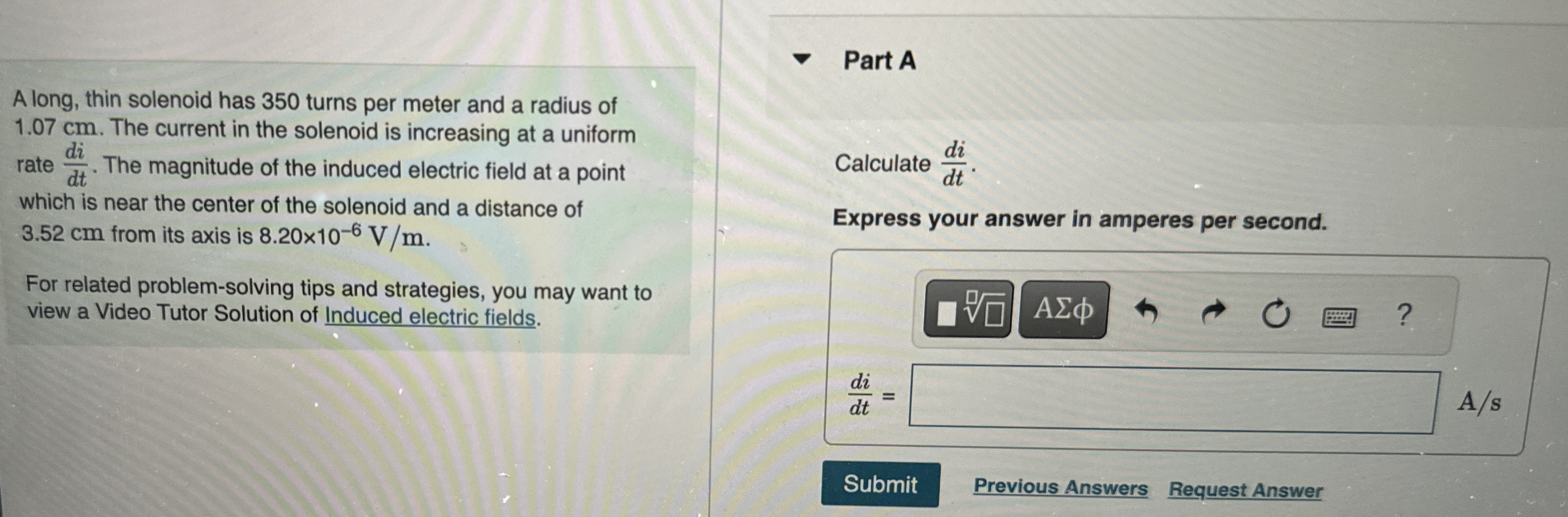 A long, thin solenoid has 3 5 0 turns per meter