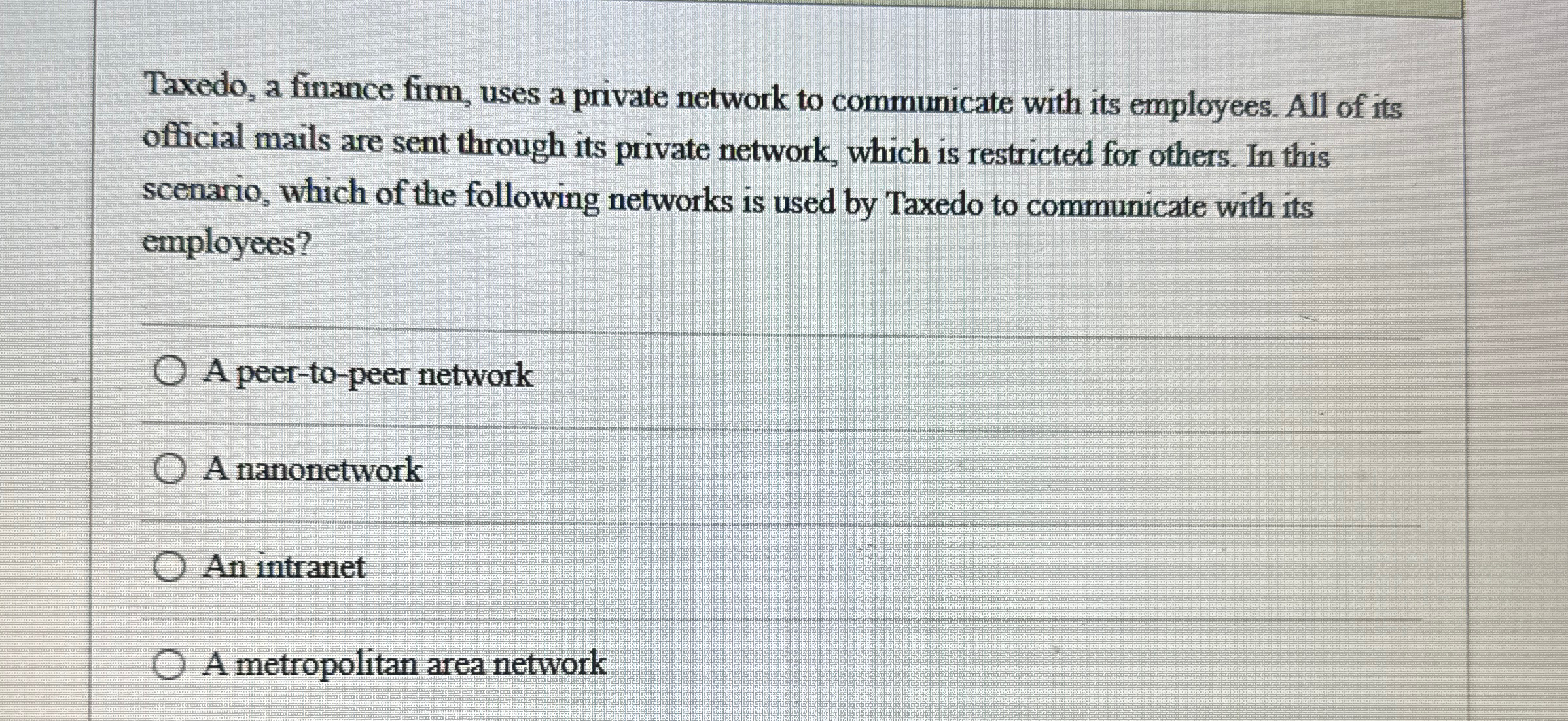 Taxedo, a finance firm, uses a private network to
