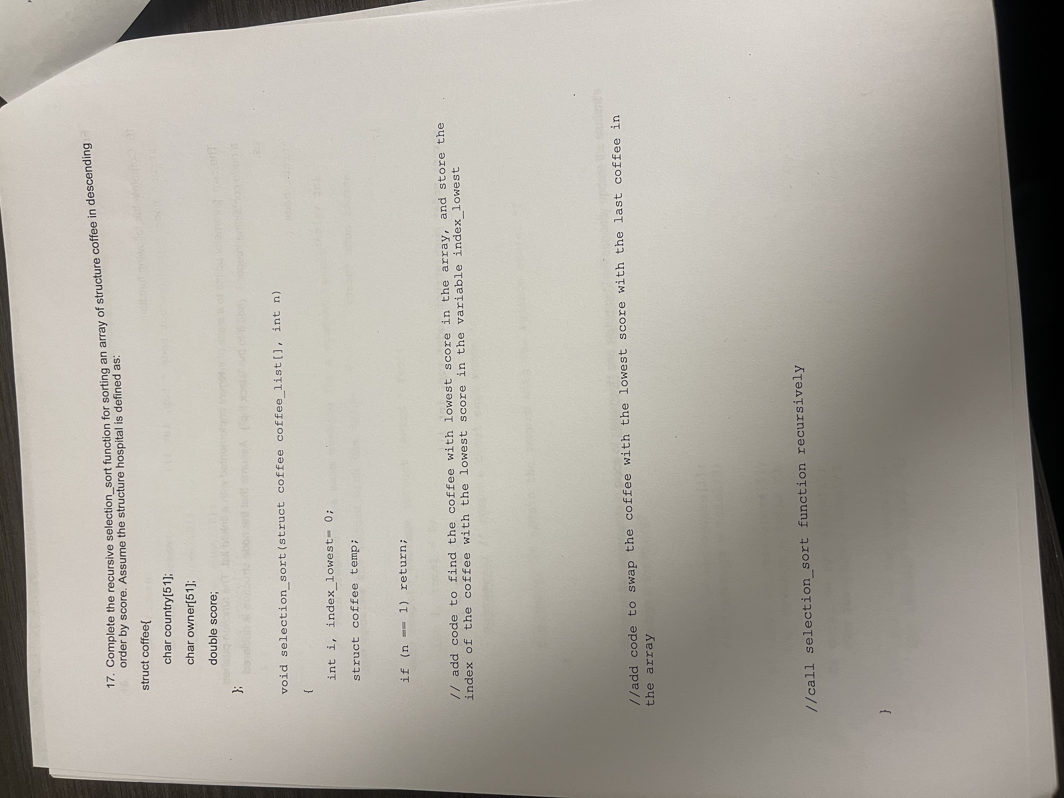 Complete the In C recursive selection _ sort