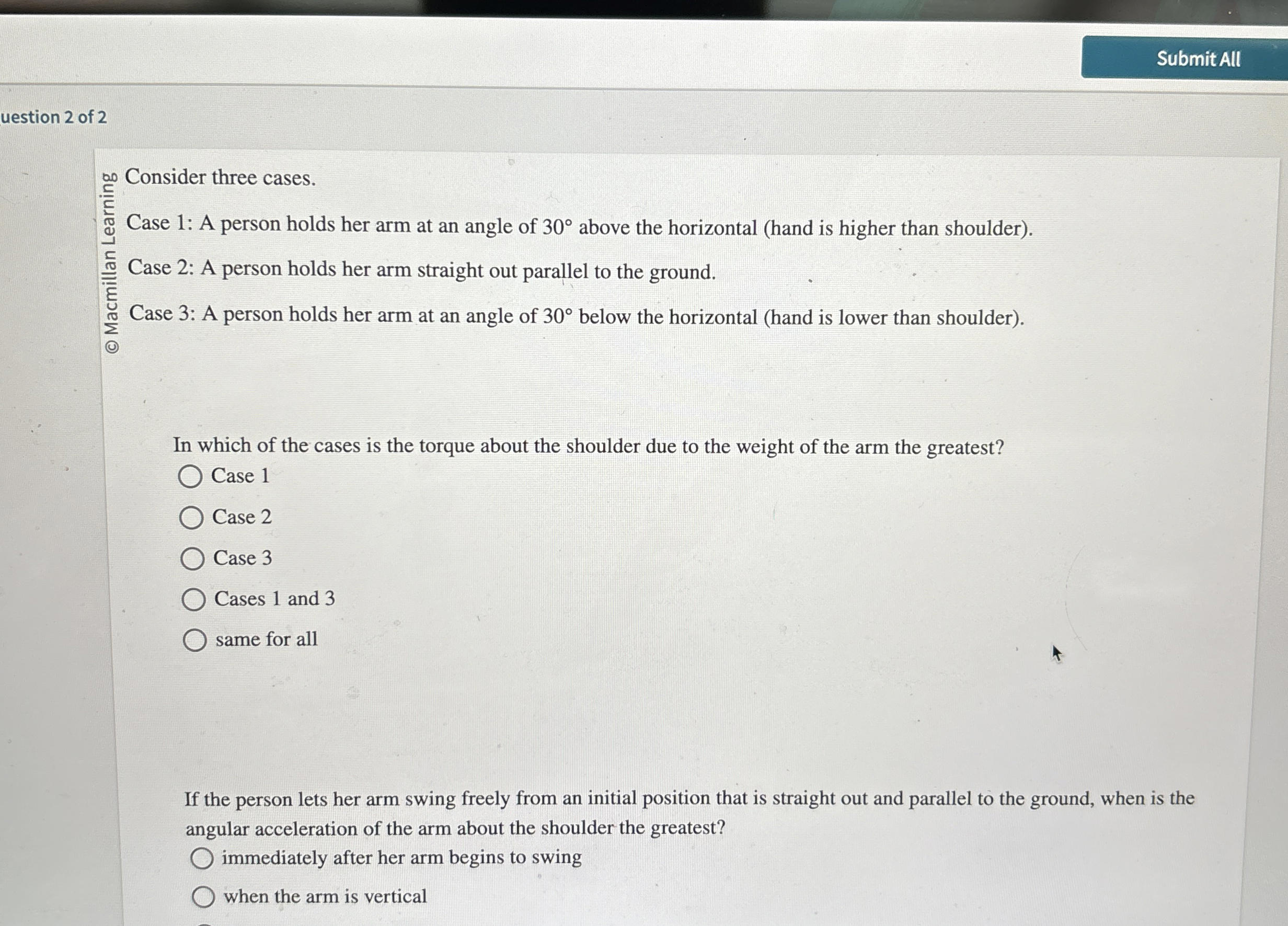 Submit All uestion 2 of 2 ? Consider three cases.