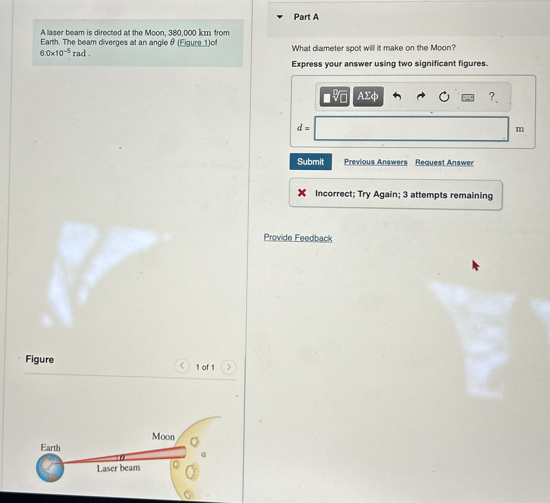 A laser beam is directed at the Moon, 3 8 0 , 0 0