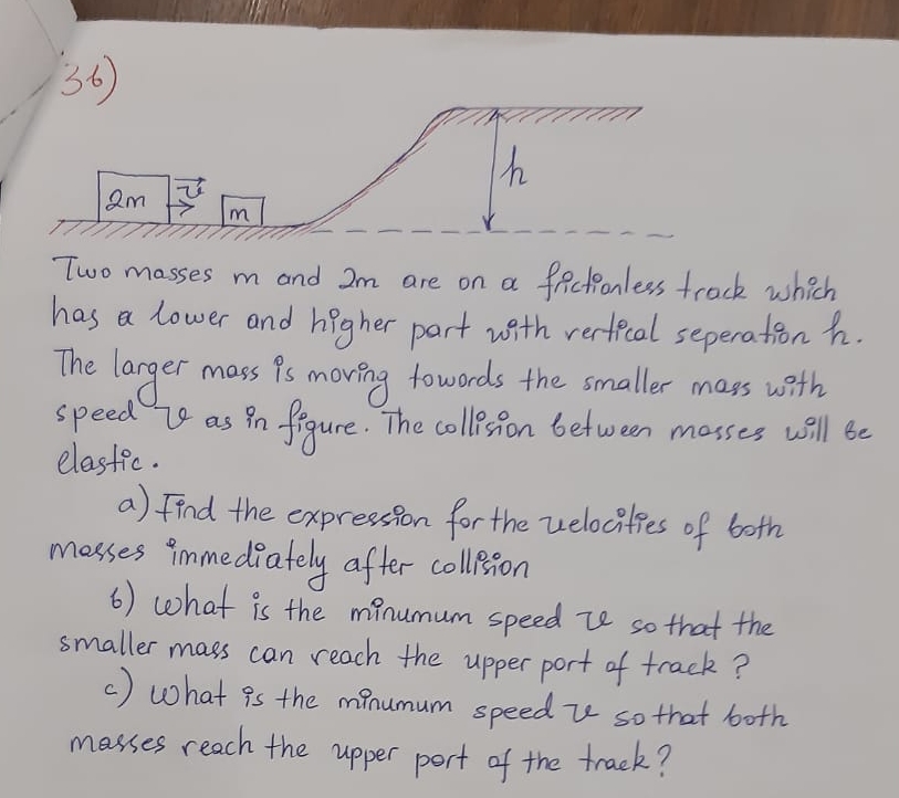 Two masses m and 2 m are on a frictionless track