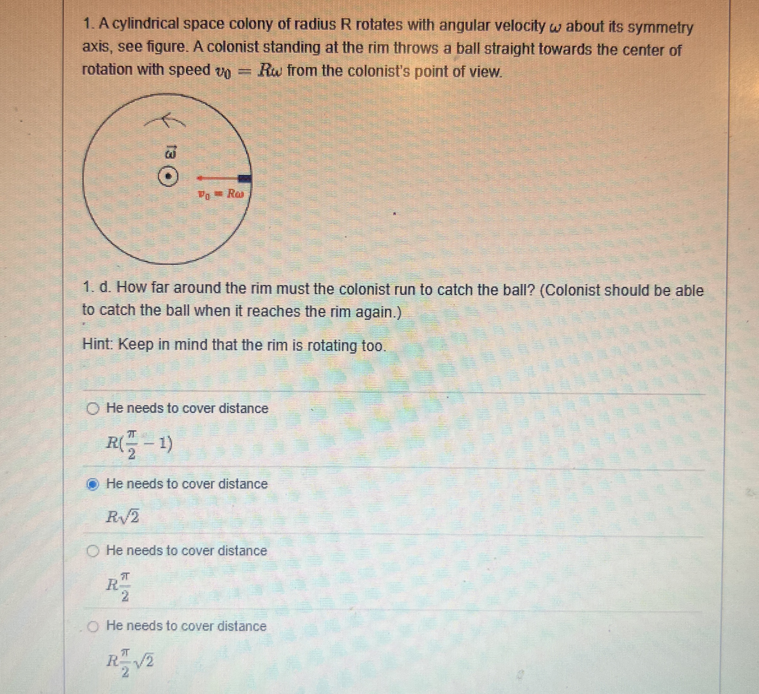 A cylindrical space colony of radius R rotates