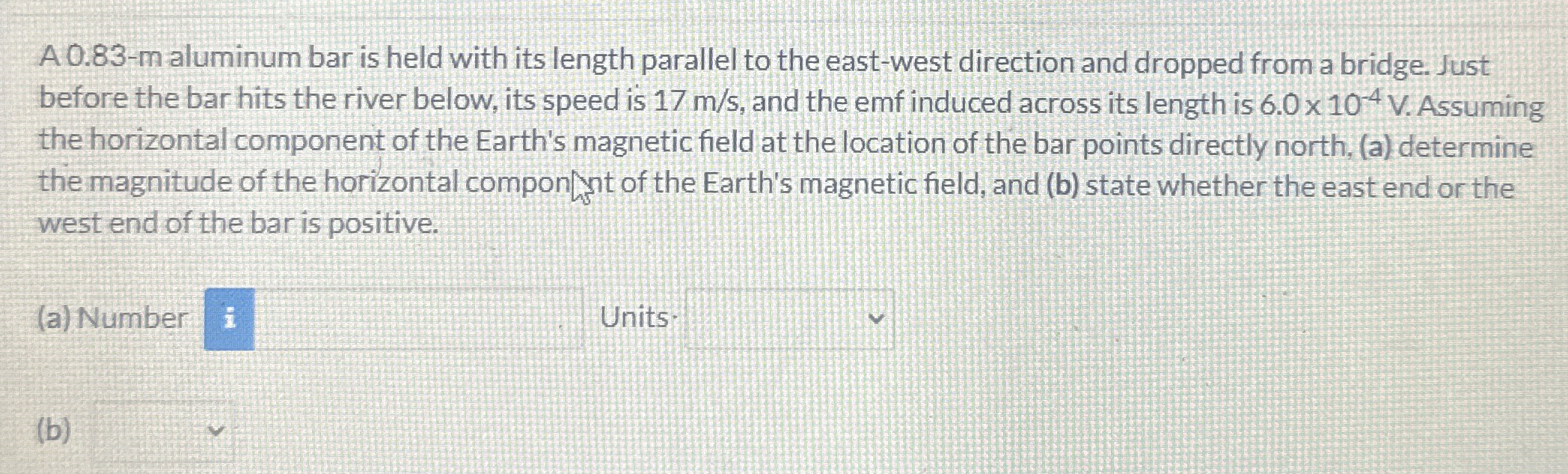 A 0 . 8 3 - m aluminum bar is held with its