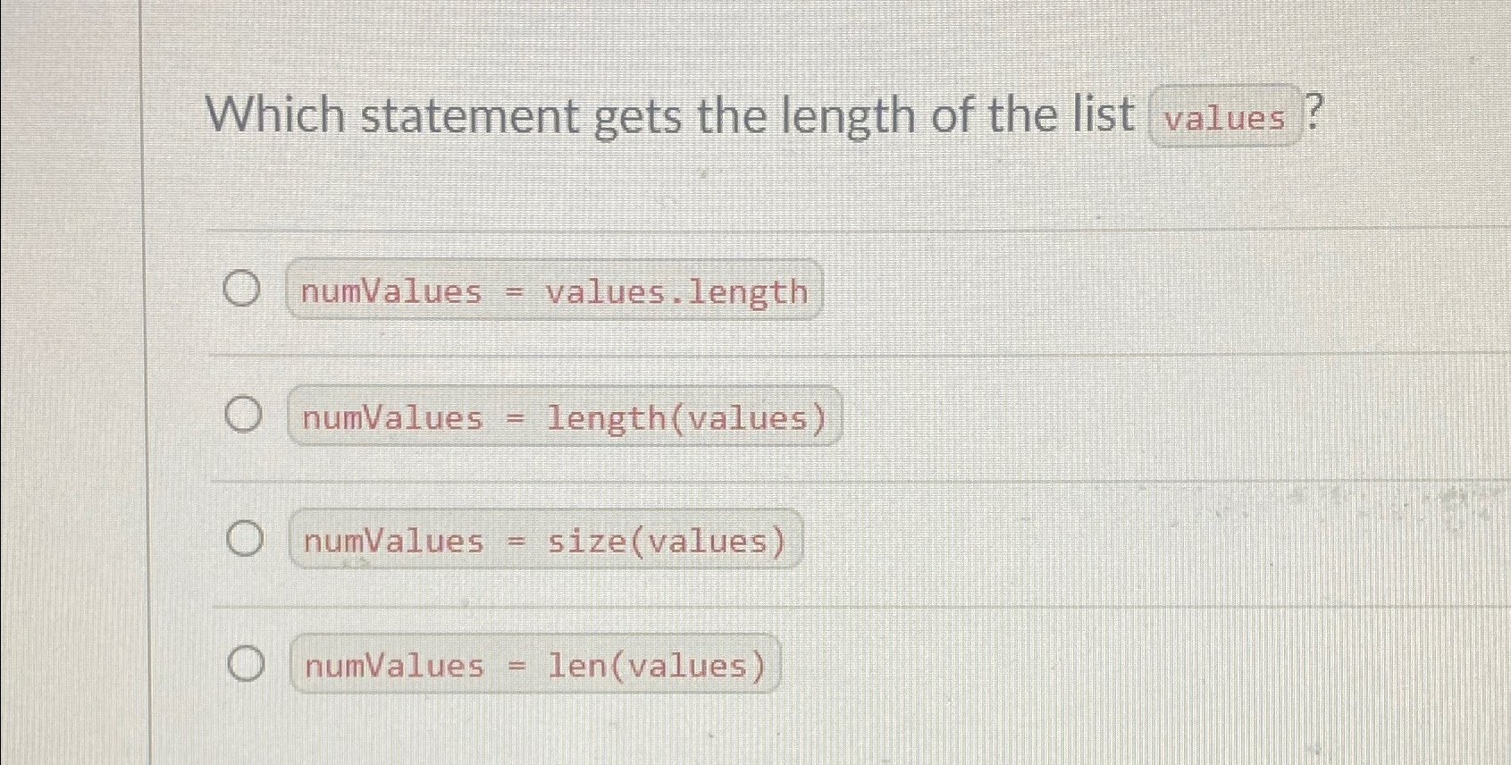 Which statement gets the length of the list