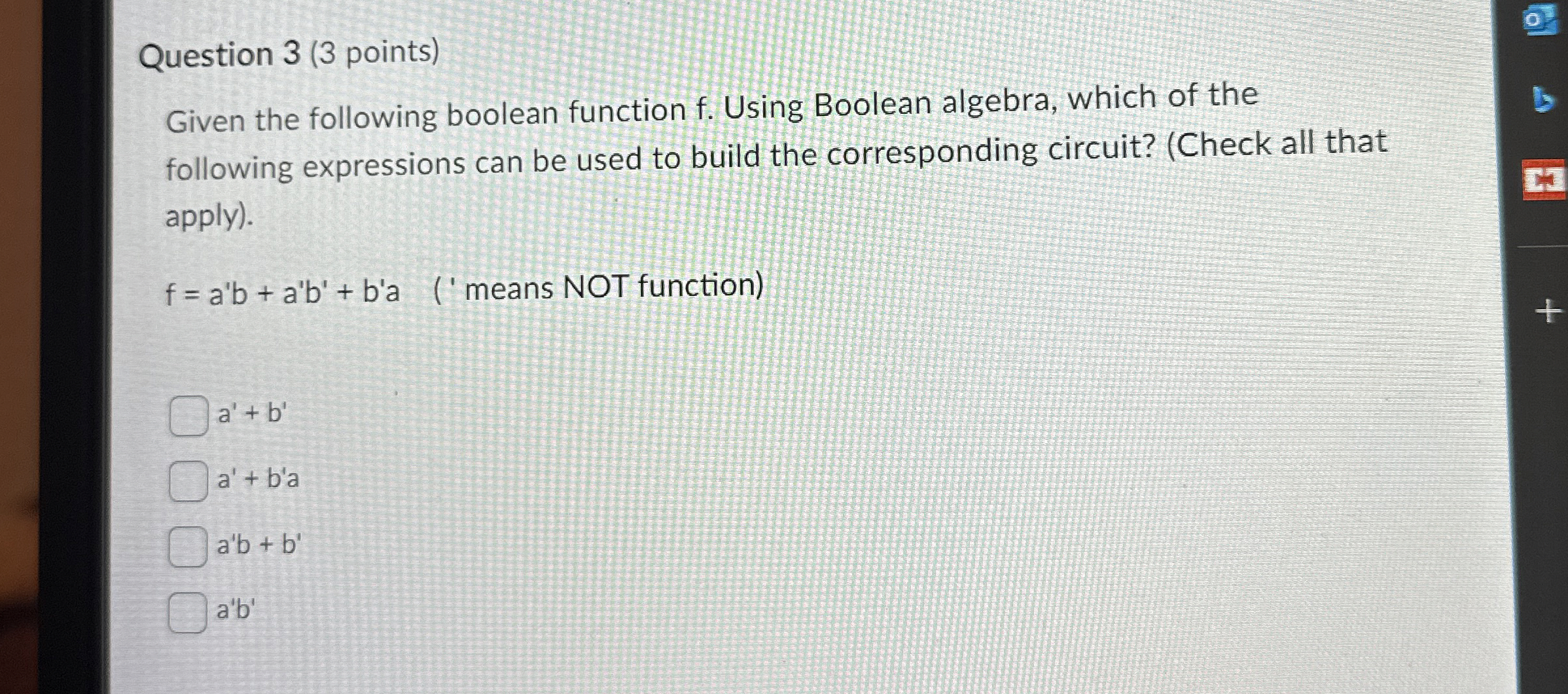 Question 3 ( 3 points ) Given the following