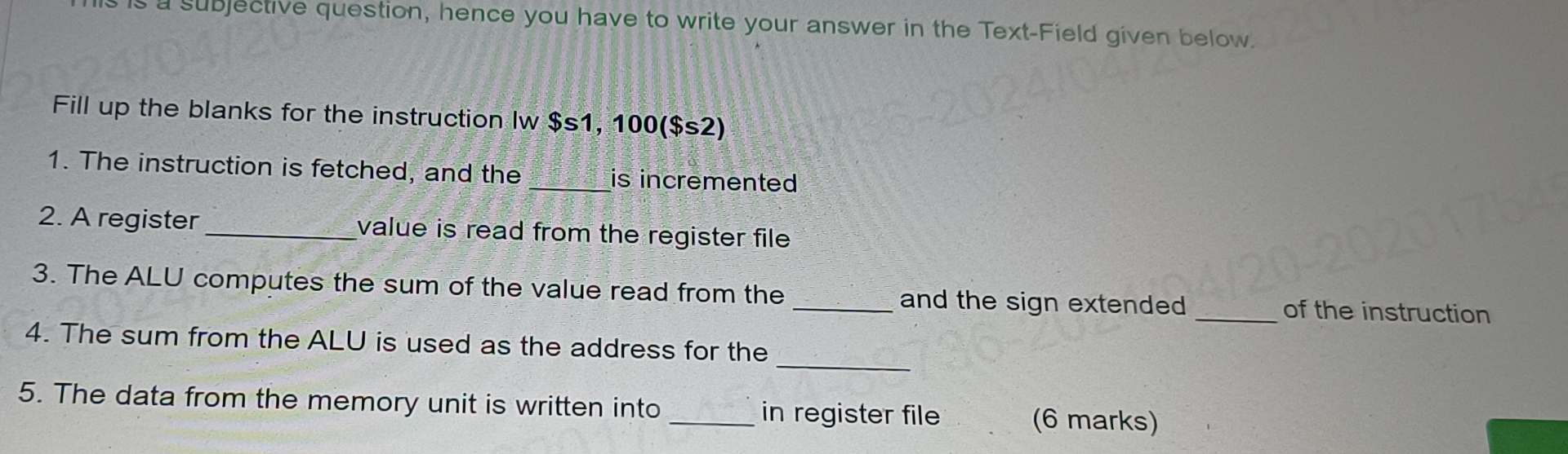 Fill up the blanks for the instruction Iw $ s 1 ,