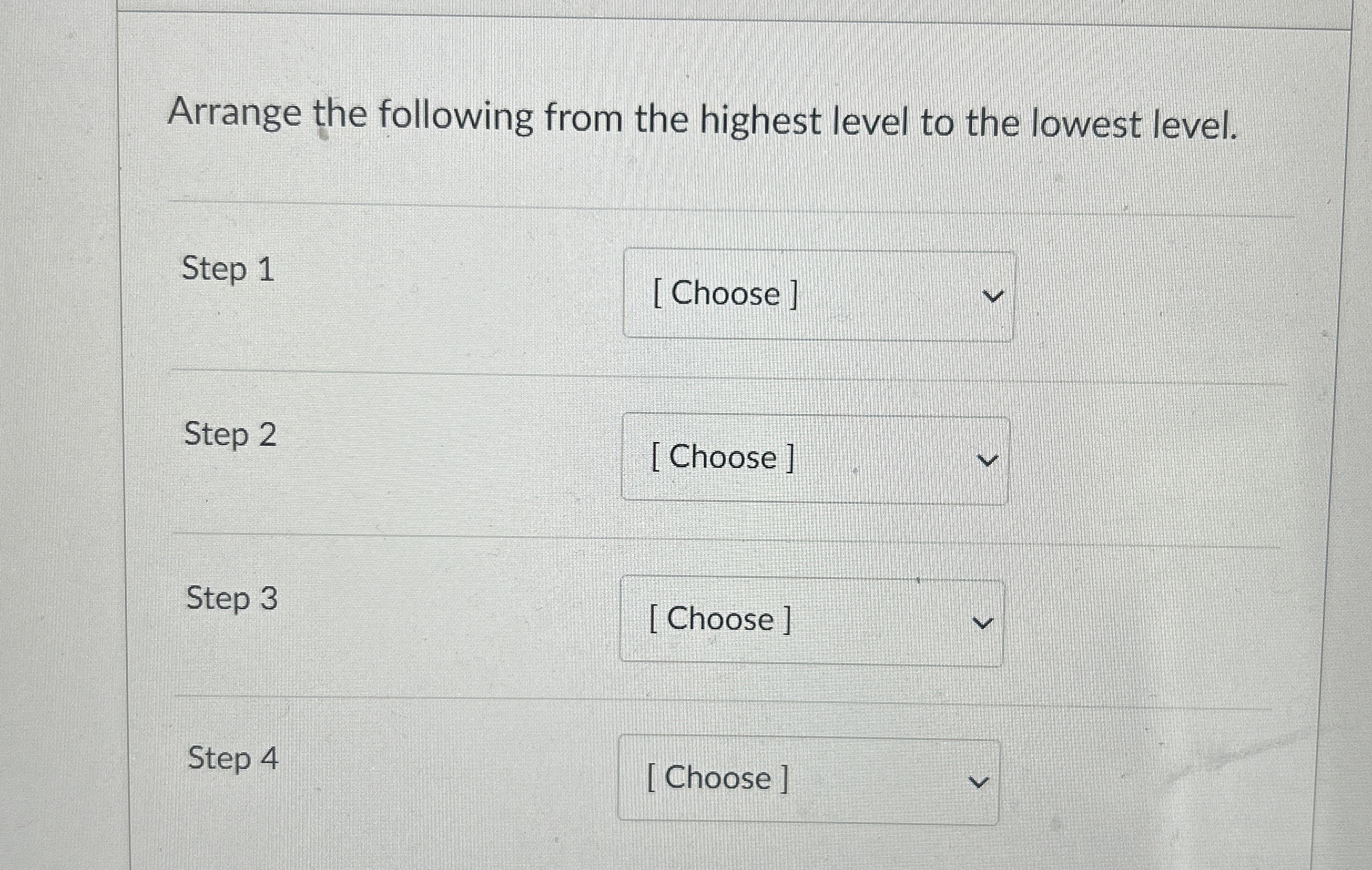 Arrange the following from the highest level to
