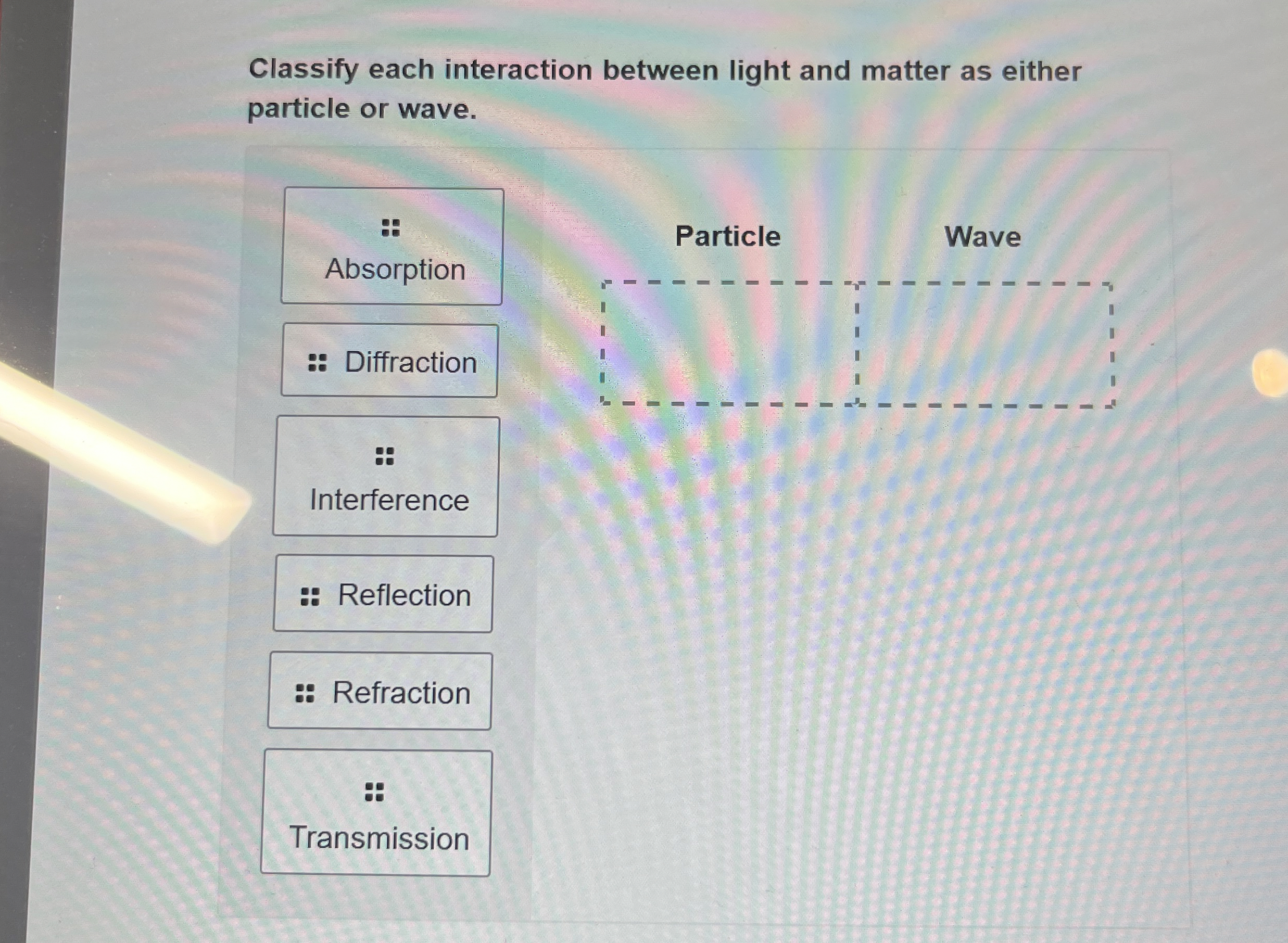Classify each interaction between light and