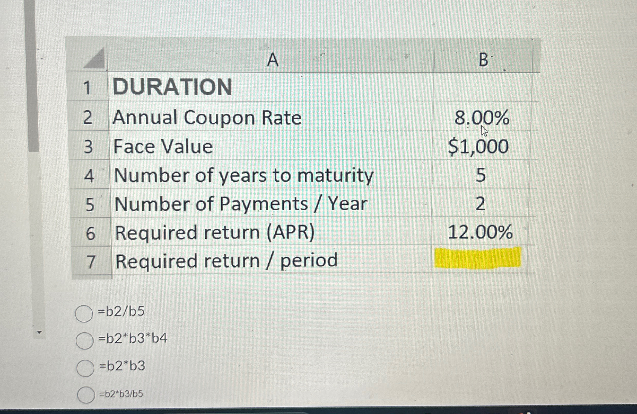 \ table [ [ , A , B ] , [ 1 , DURATION, ] , [ 2 ,
