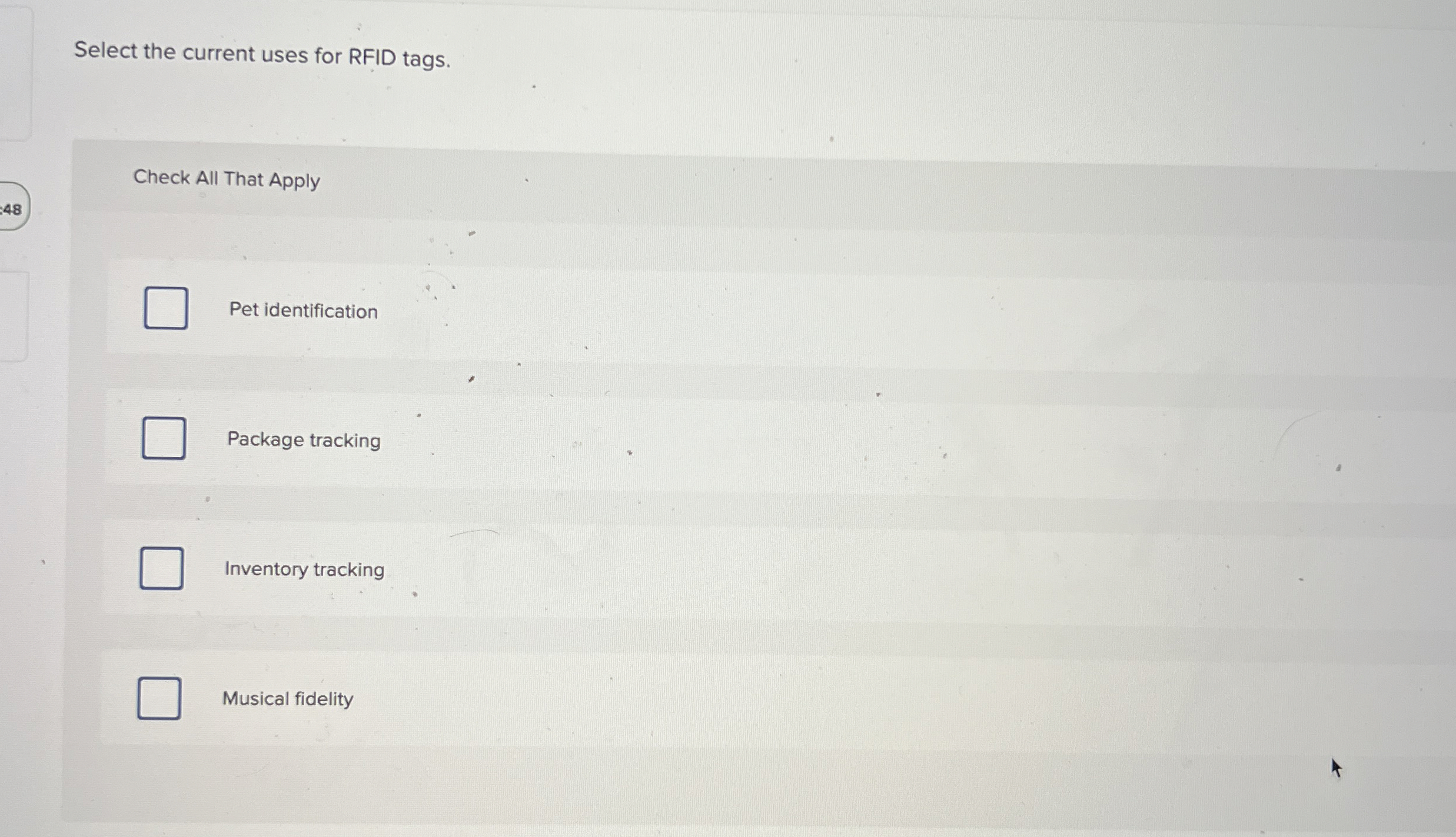 Select the current uses for RFID tags. Check All