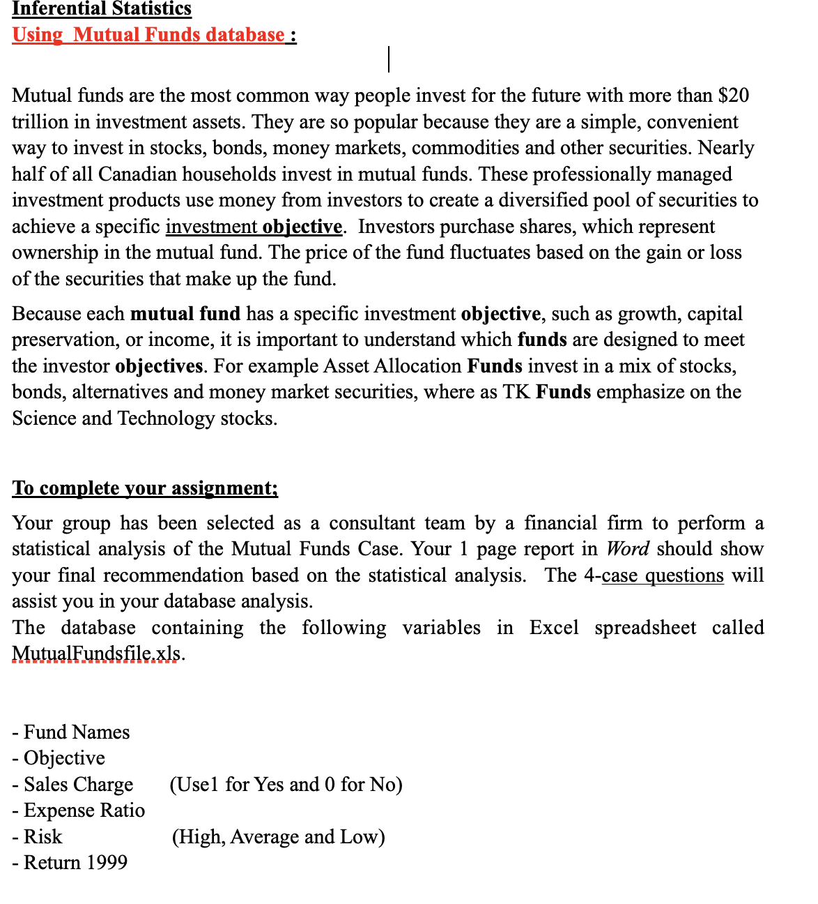Inferential Statistics Using Mutual Funds