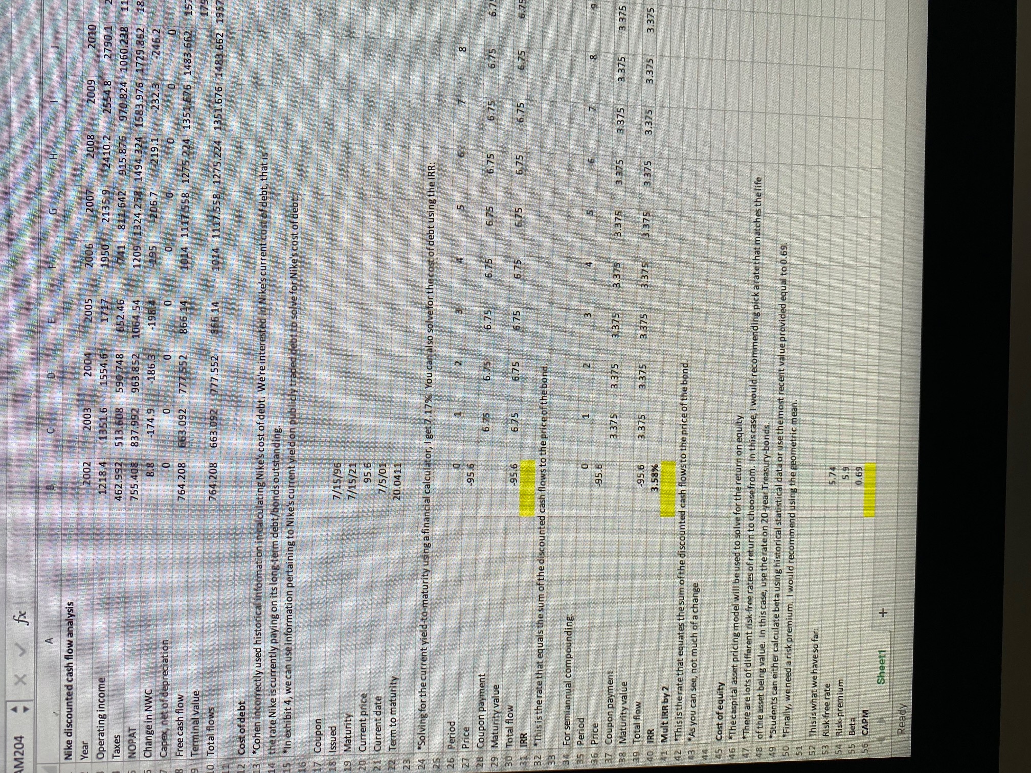 M204 X V fx A Nike discounted cash flow analysis