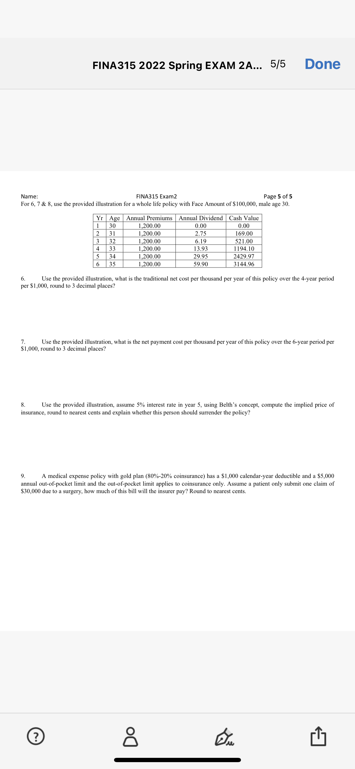 FINA315 2022 Spring EXAM 2A... 5/5 Done Name: