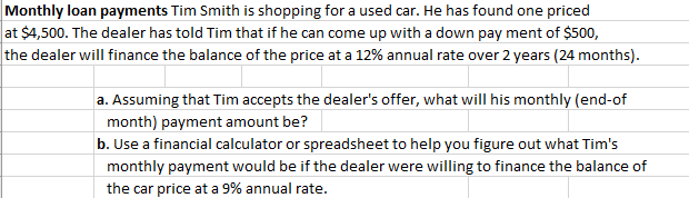 Monthly loan payments Tim Smith is shopping for a