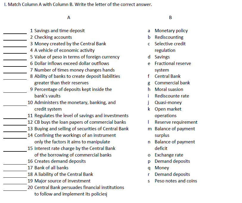 I. Match Column A with Column B. Write the letter