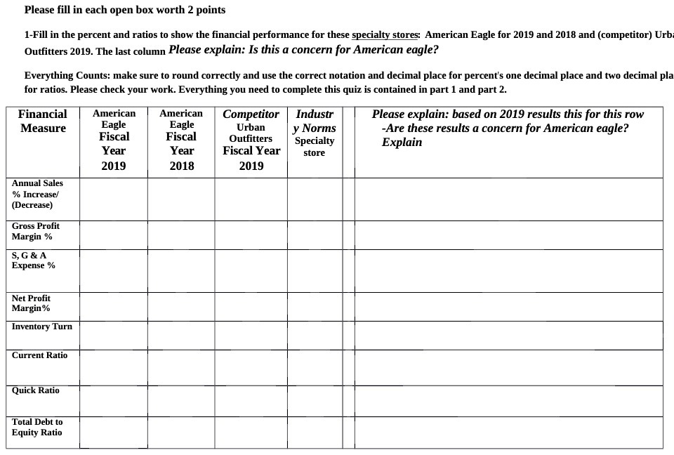 Please fill in each open box worth 2 points