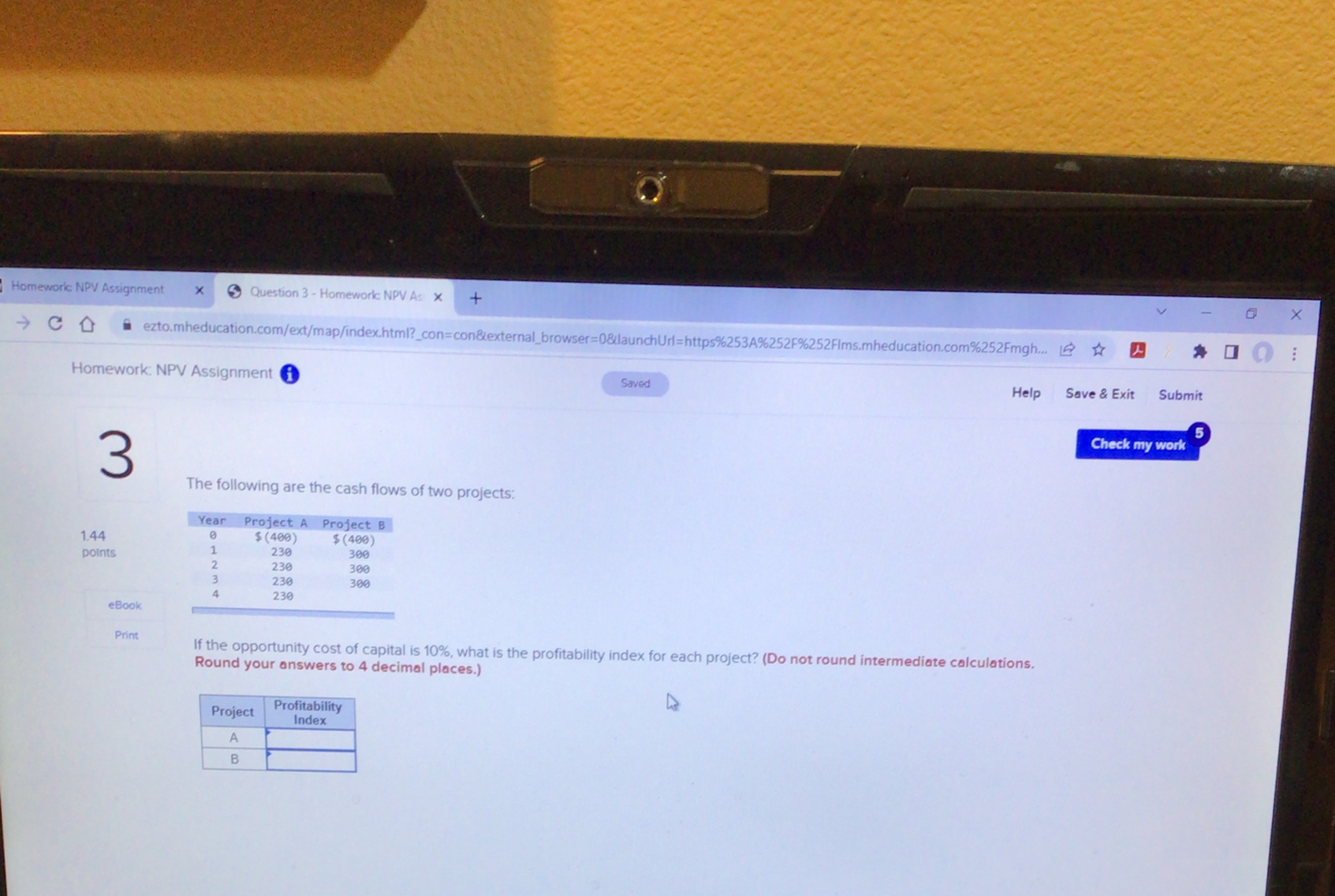 Homework NPV Assignment X Question 3 - Homework