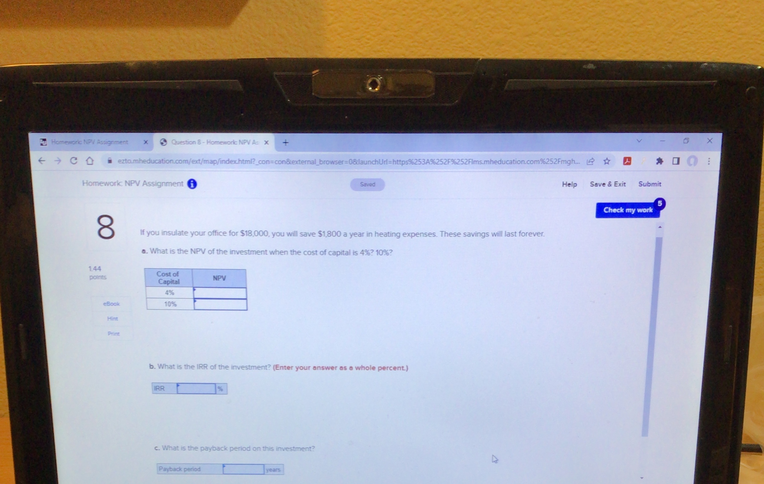 Lu Homework NPV Assignment * Question 8- Homework