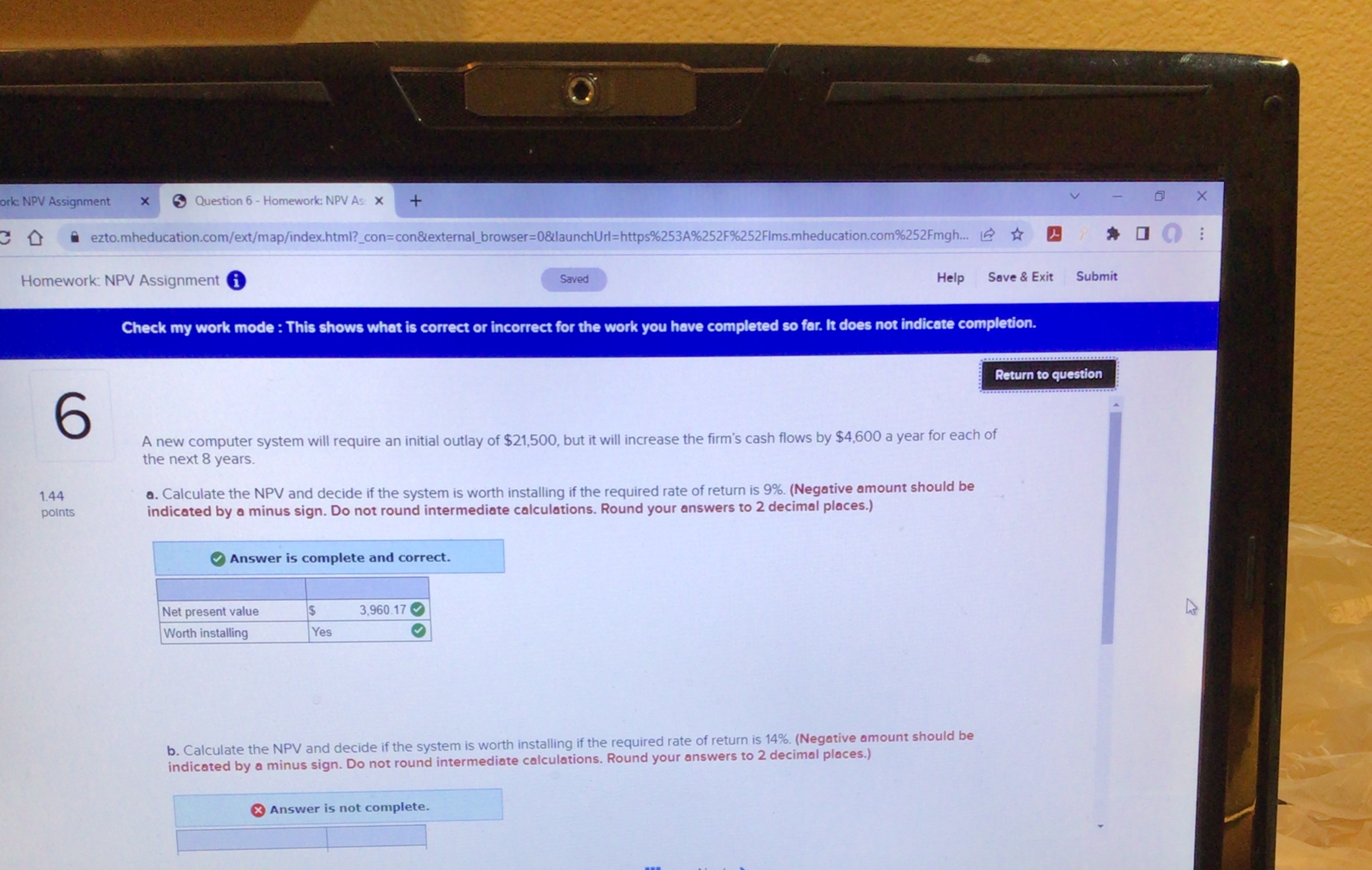 ork: NPV Assignment X Question 6 - Homework: NPV