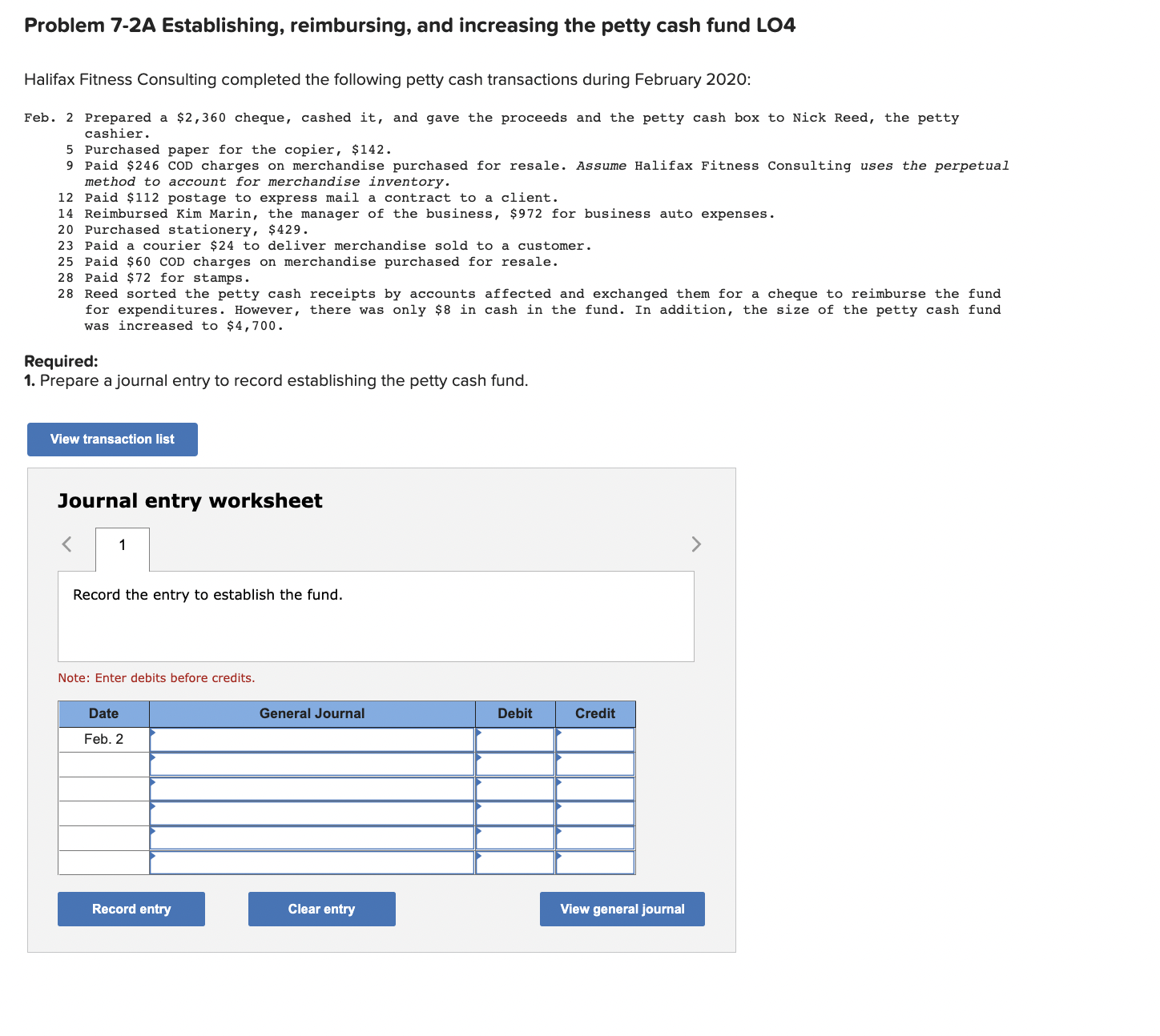 Problem 7-2A Establishing, reimbursing, and