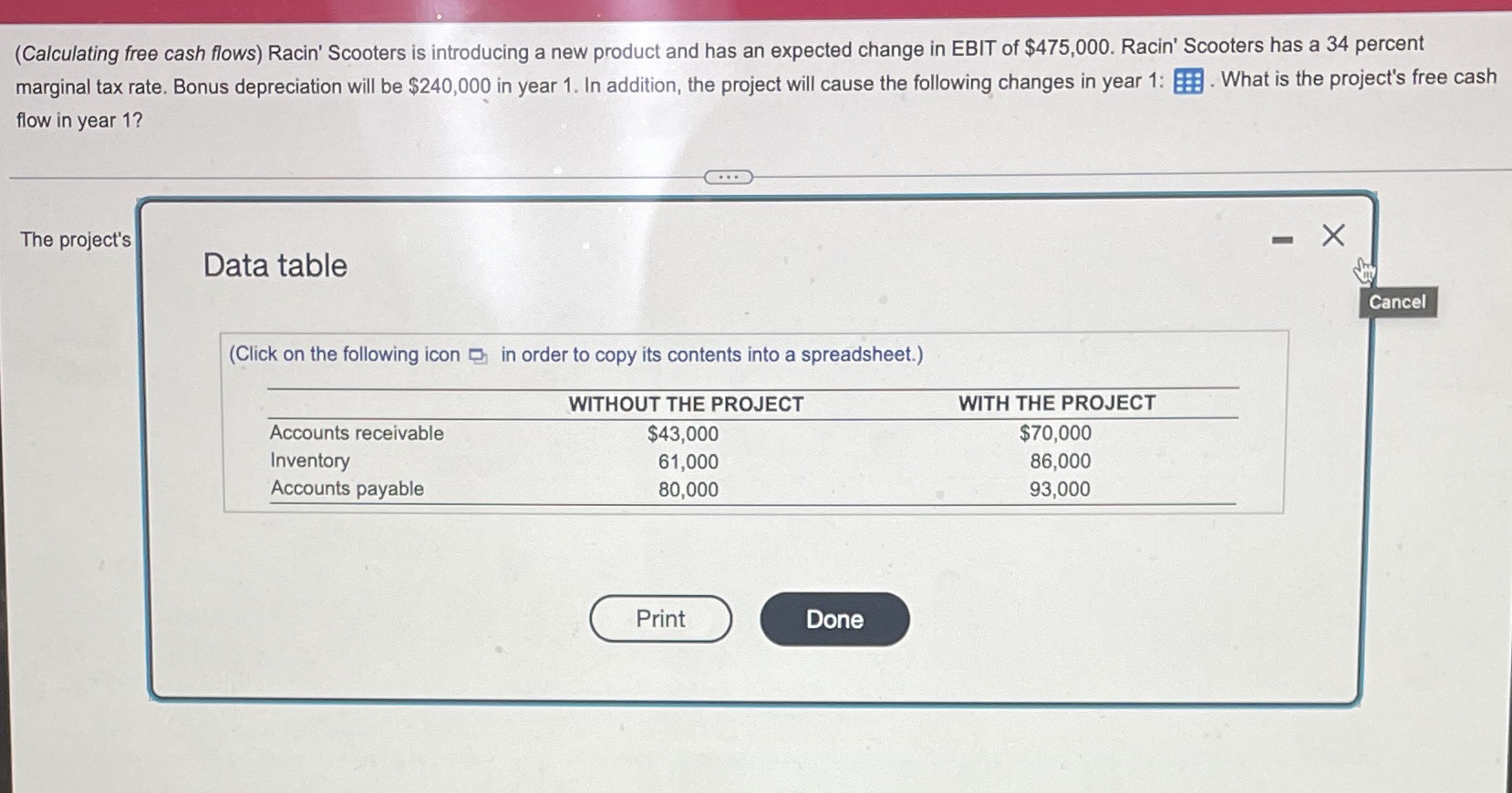 The question is "what is the projects free cash