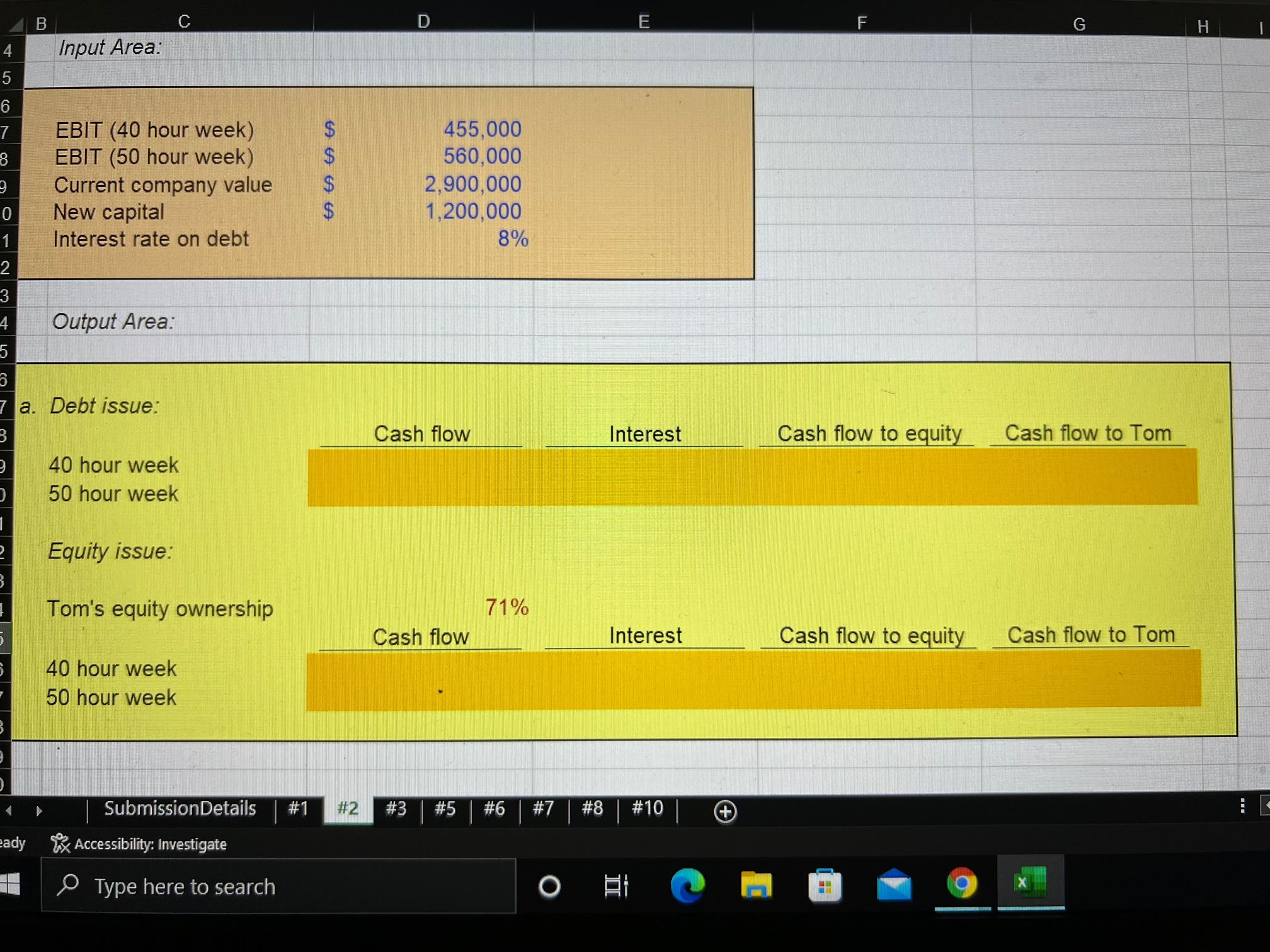 B C D G H Input Area: EBIT (40 hour week) 455,000
