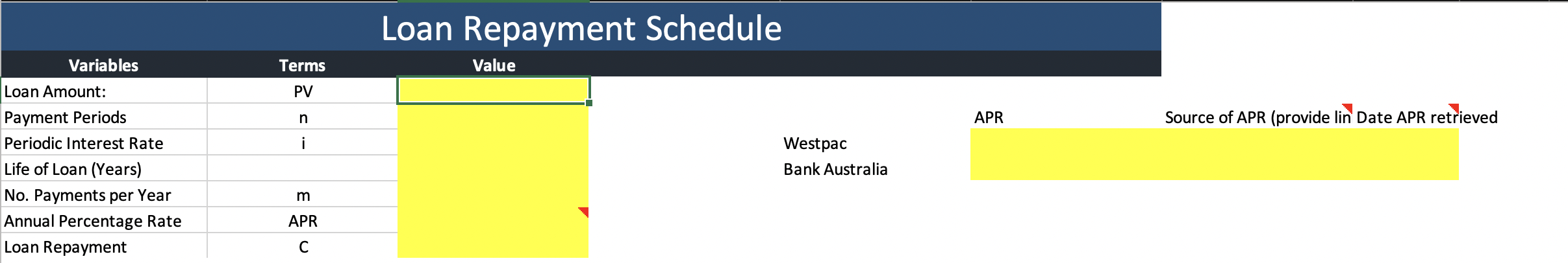 Loan Repayment Schedule Variables Terms Value