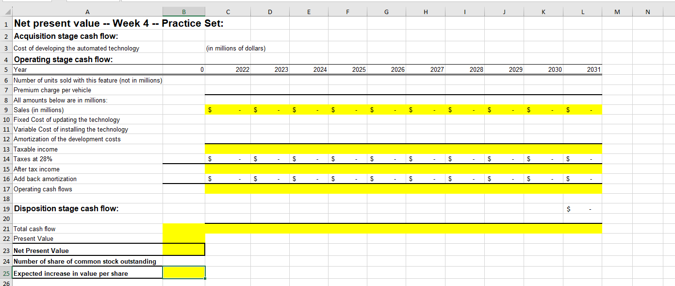 A B C D E F G H K L M N Net present value -- Week