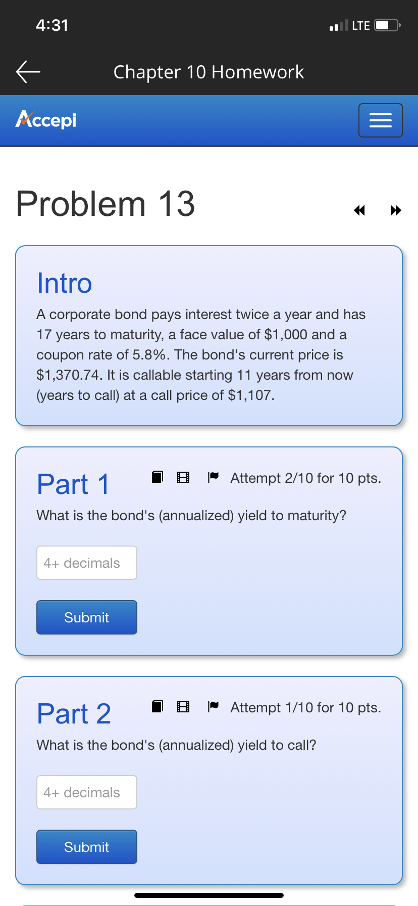 S Chapter 10 Homework Accepi Problem 13 Intro A