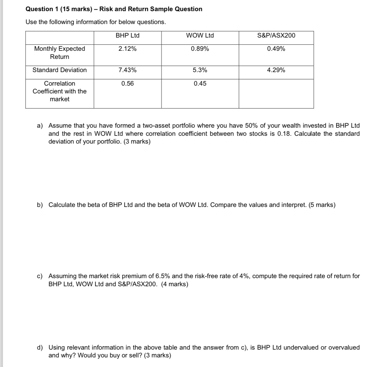 Question 1 (15 marks) Risk and Return Sample