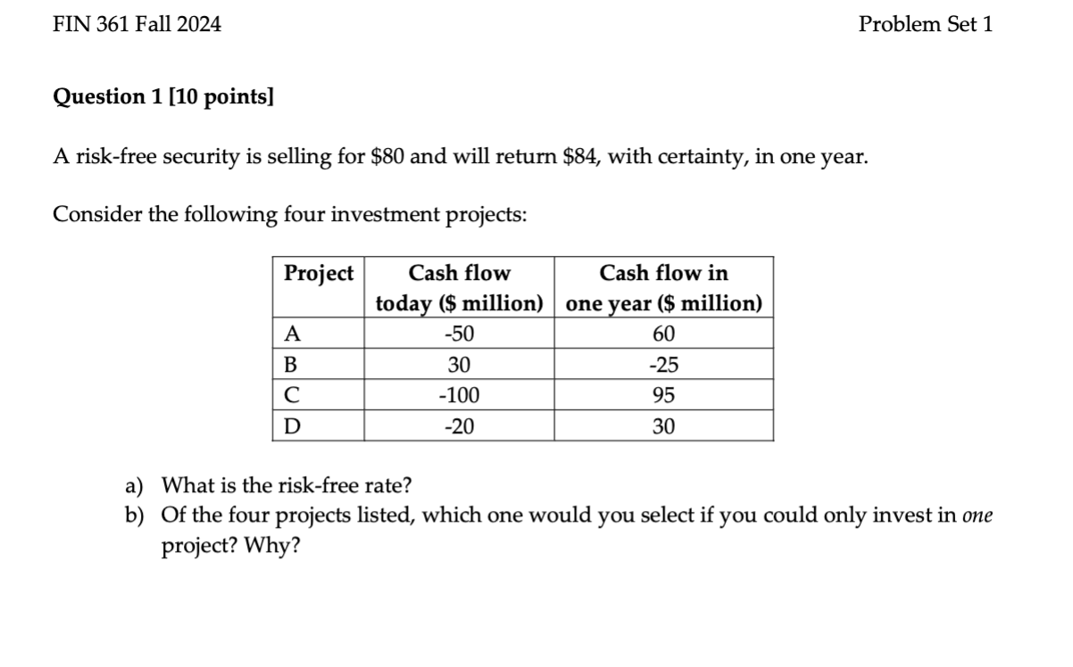 FIN 361 Fall 2024 Problem Set 1 Question 5 [20