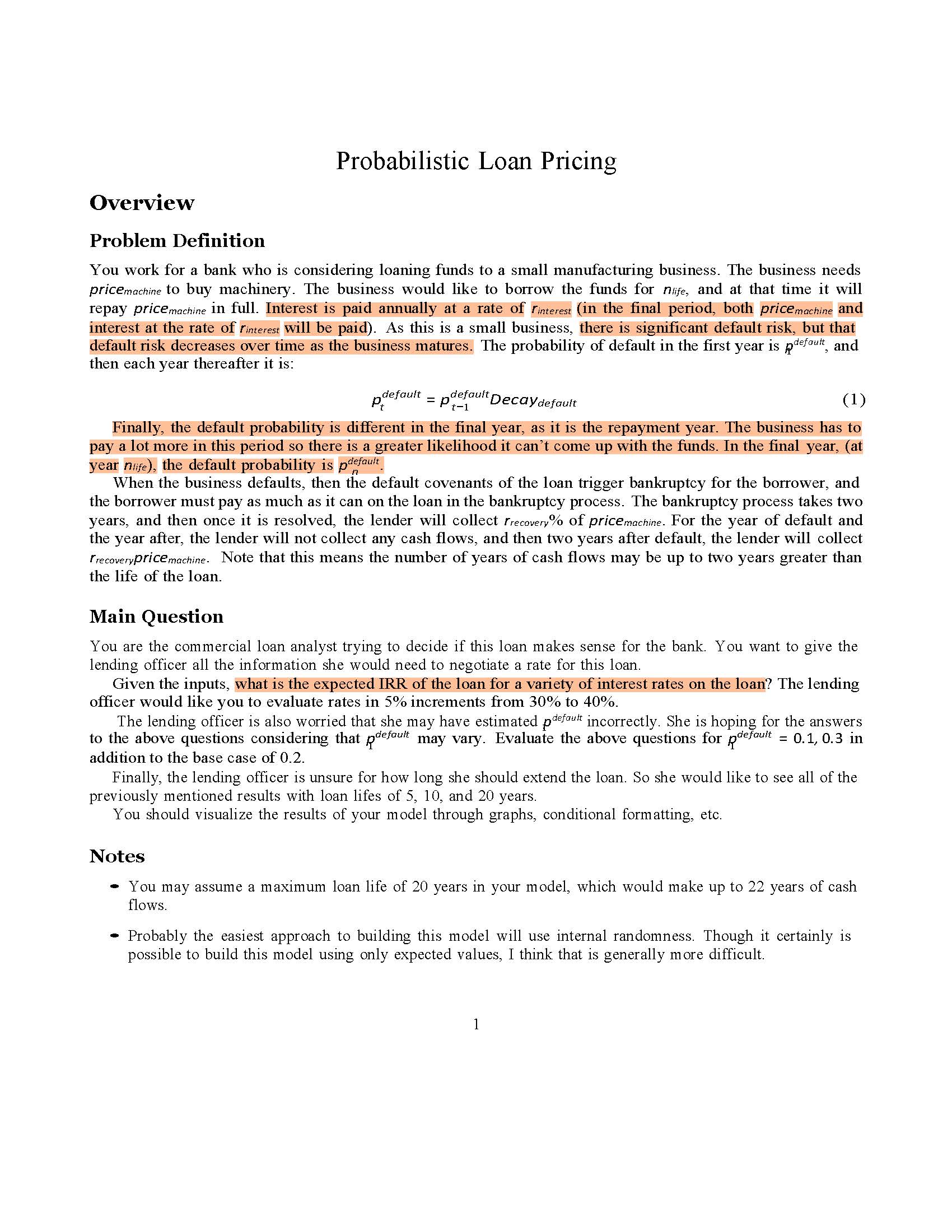 Probabilistic Loan Pricing Overview Problem