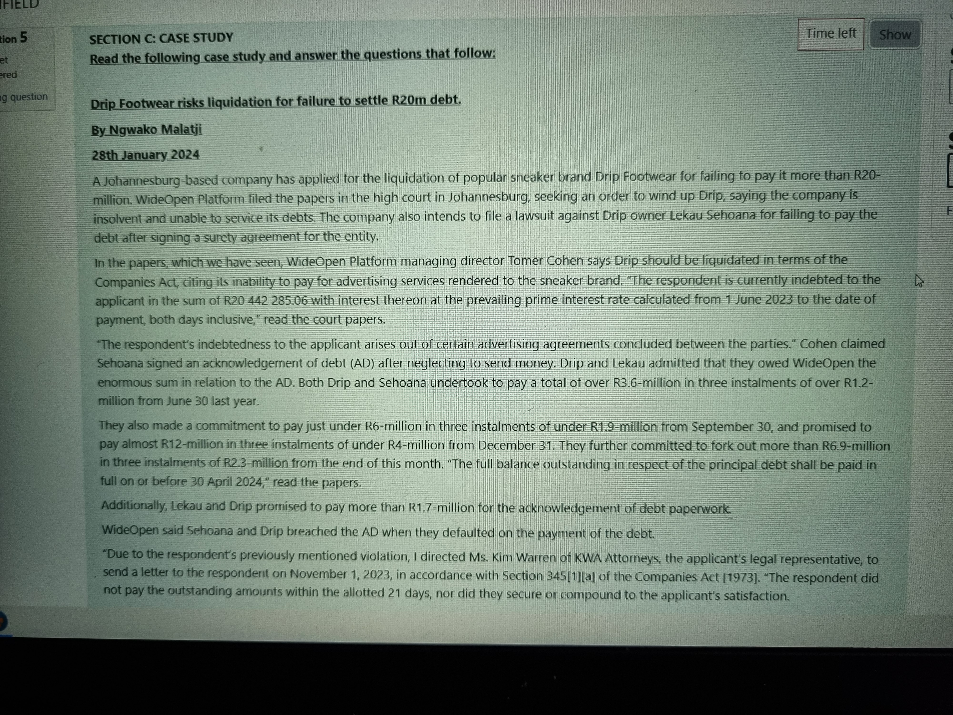 FIELD tion 5 SECTION C: CASE STUDY Time left Show