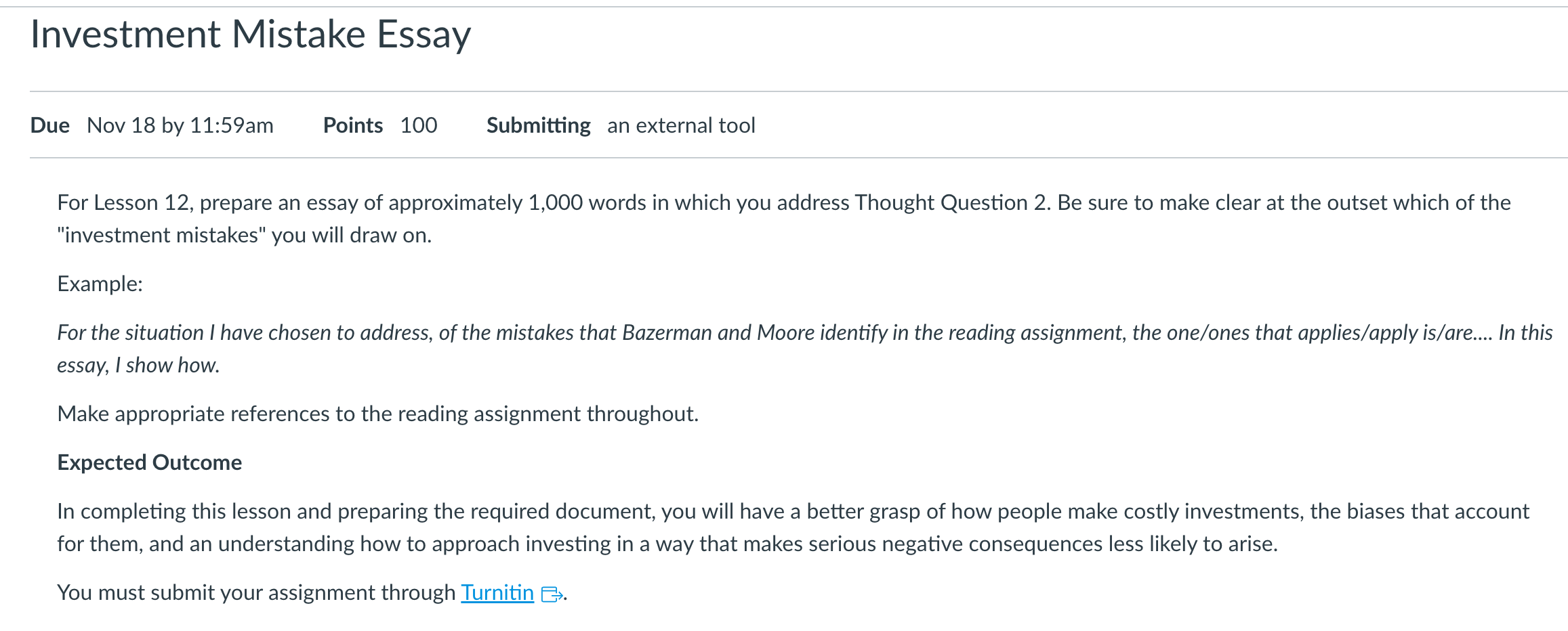 Investment Mistake Essay Due Nov 18 by 11:59am