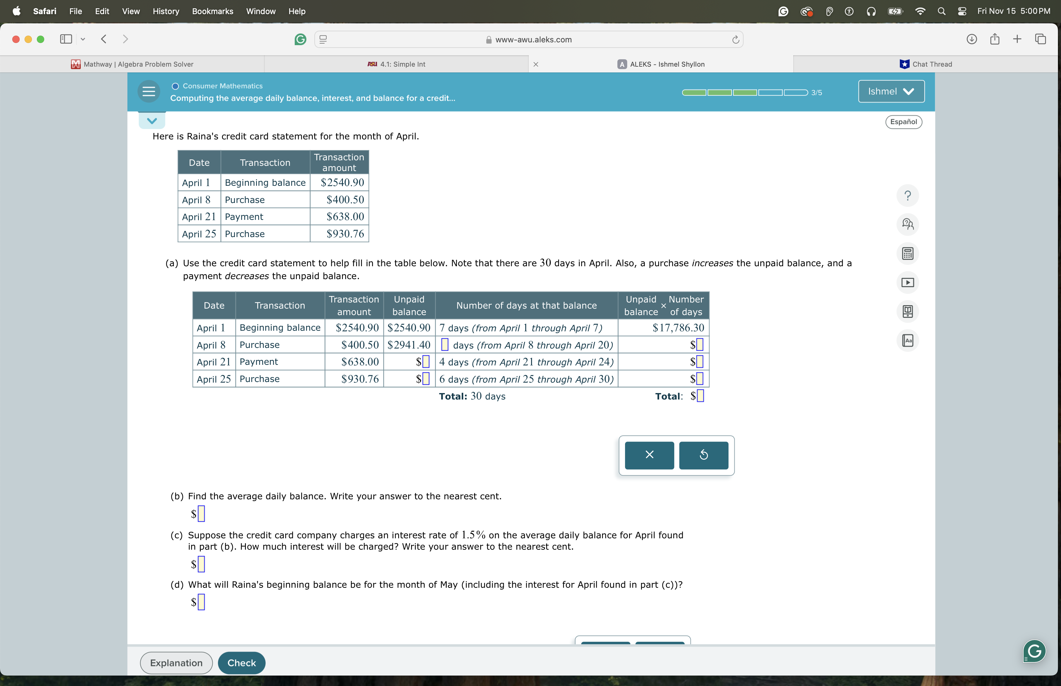 (b)Find the average daily balance. Write your