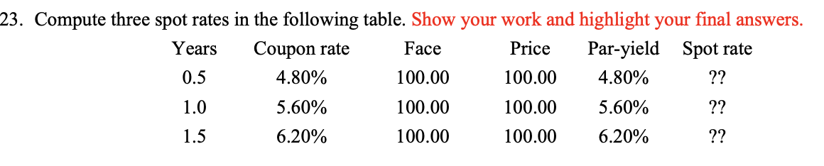 23. Compute three spot rates in the following