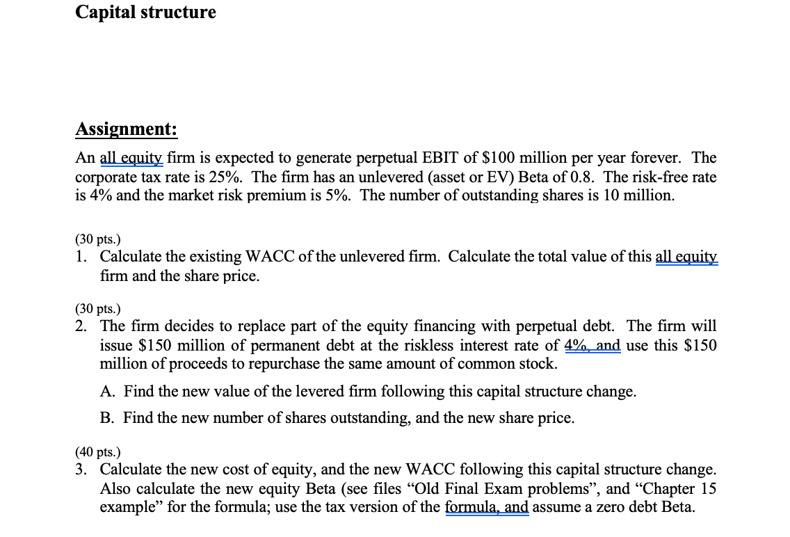 Capital structure Assignment: An m rm is expected