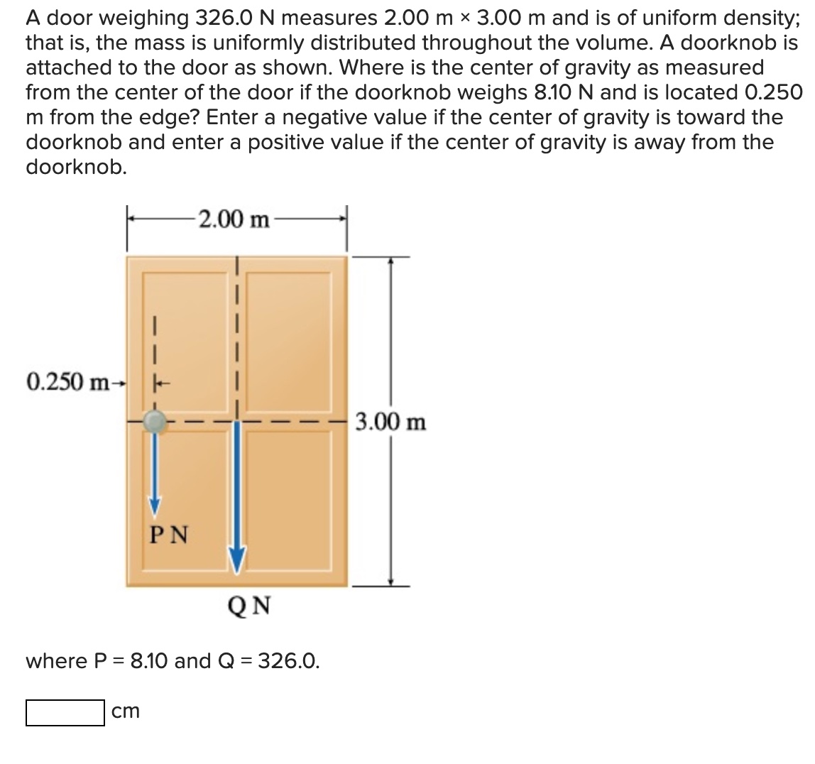 A door weighing 3 2 6 . 0 N measures 2 . 0 0 mxx