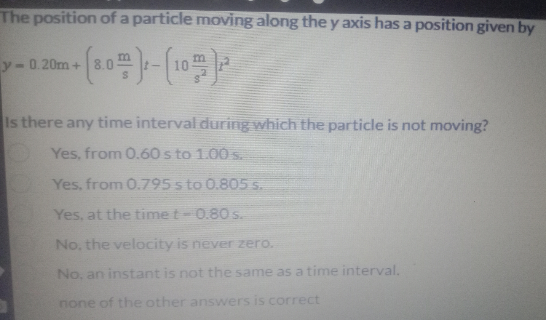 The position of a particle moving along the y