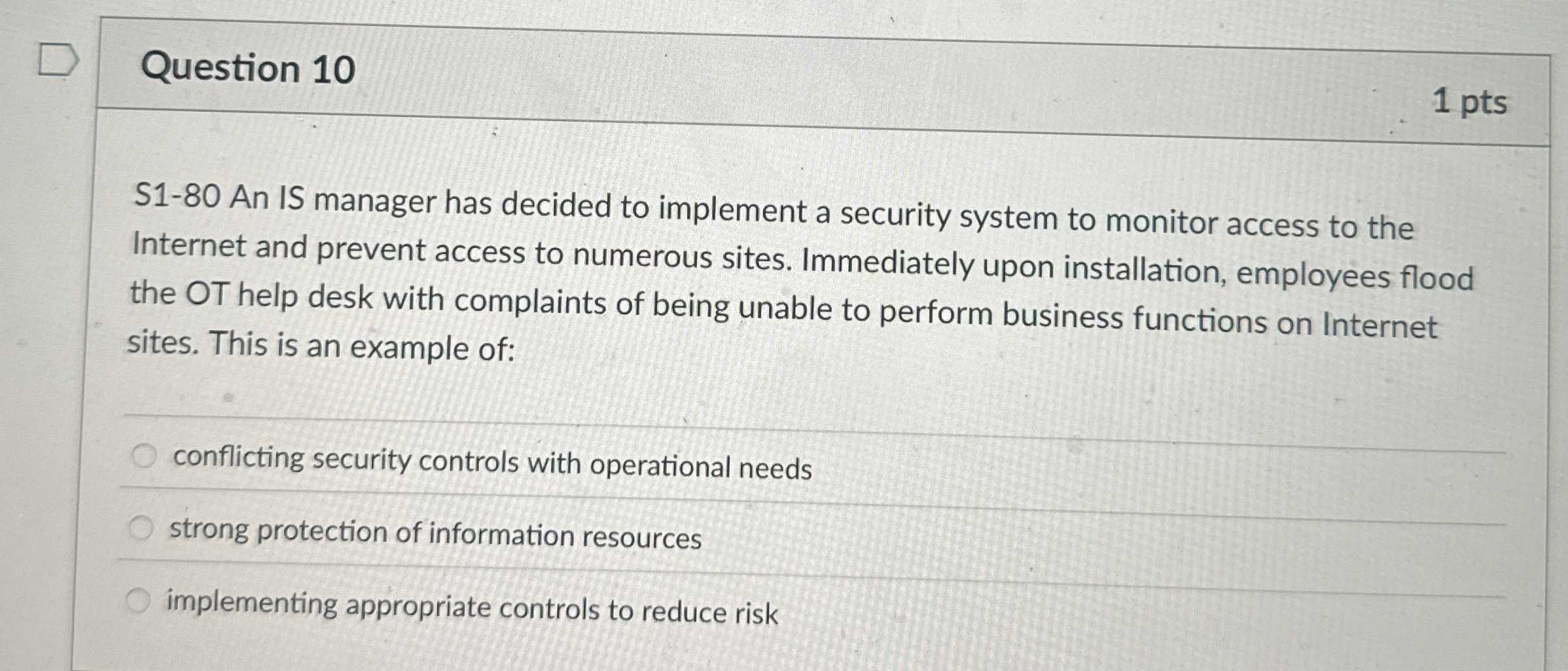 Question 1 0 1 pts S 1 - 8 0 An IS manager has