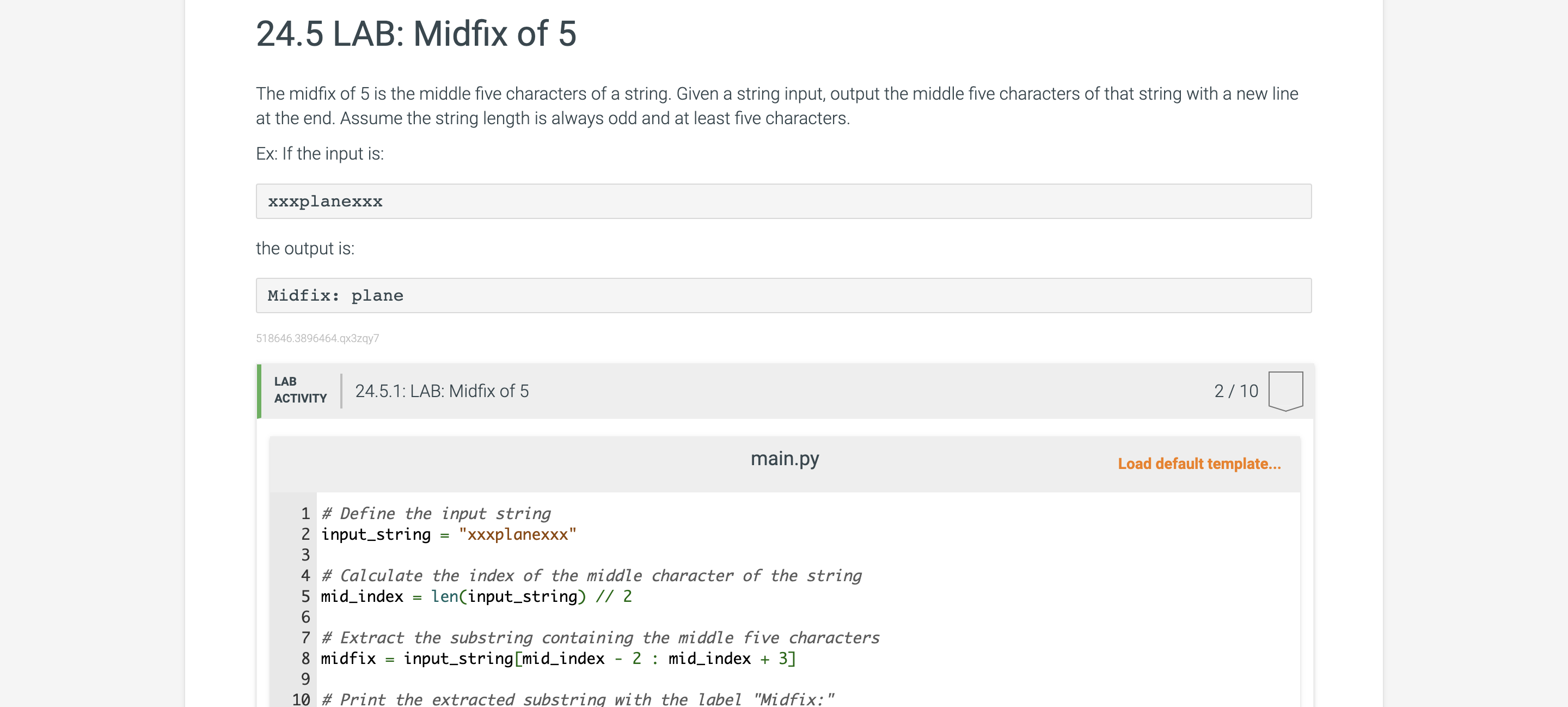 2 4 . 5 LAB: Midfix of 5 PYTHON ONLY PLEASE SHOW