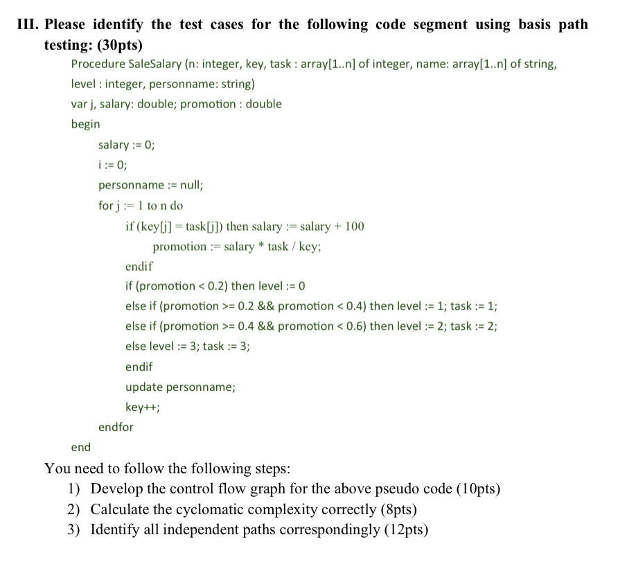 III. Please identify the test cases for the