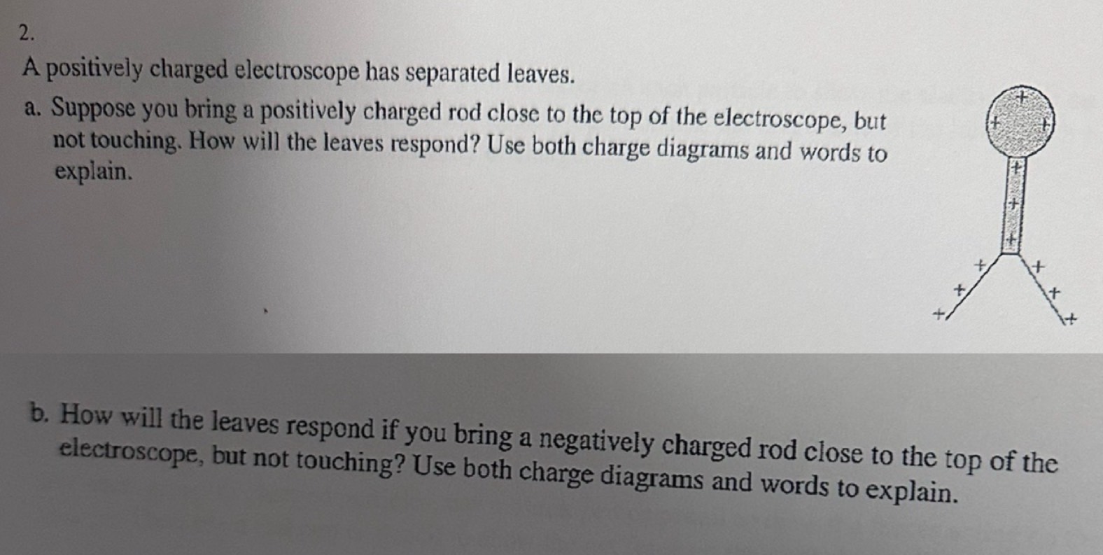 2 . A positively charged electroscope has