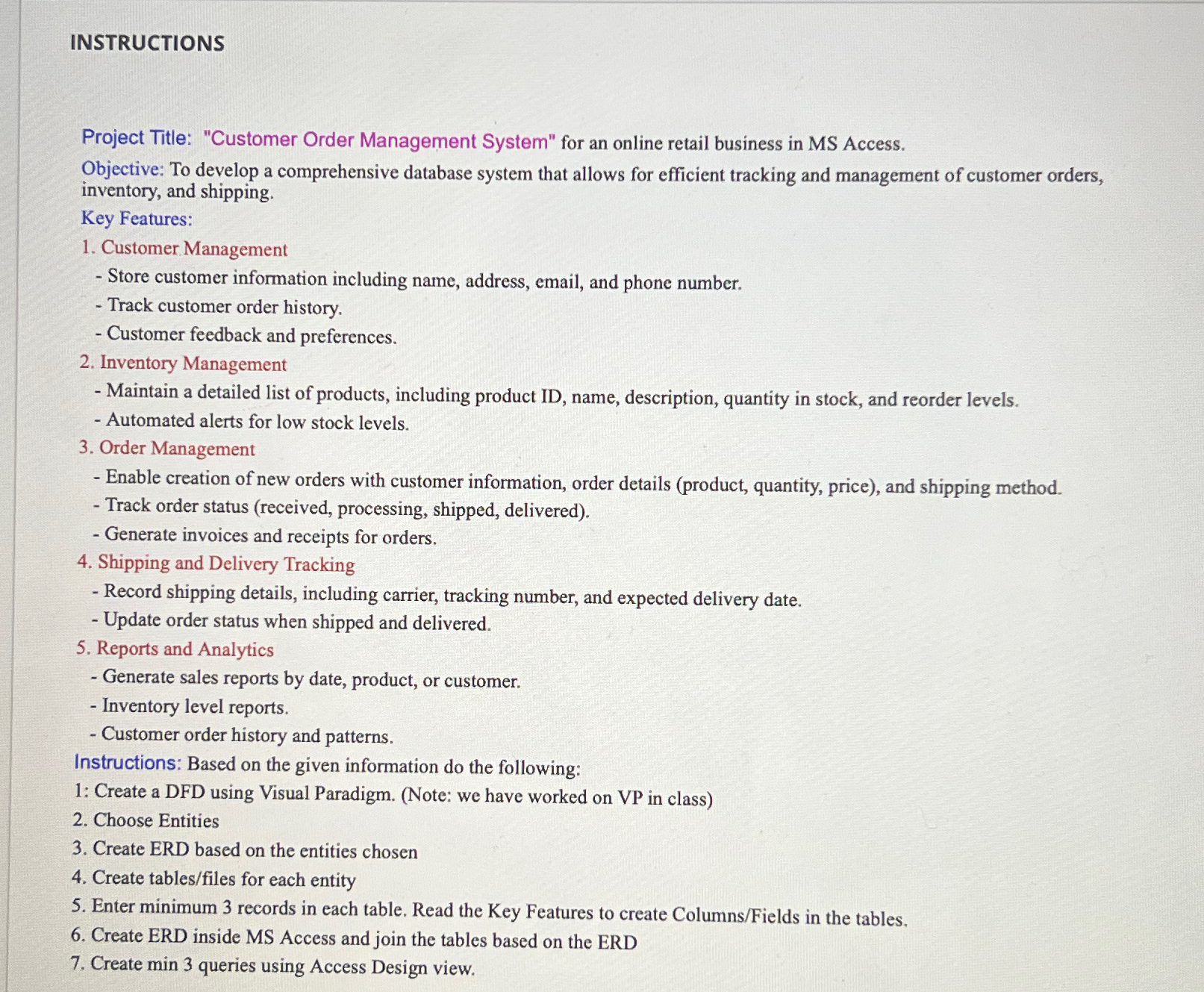 INSTRUCTIONS Project Title: "Customer Order