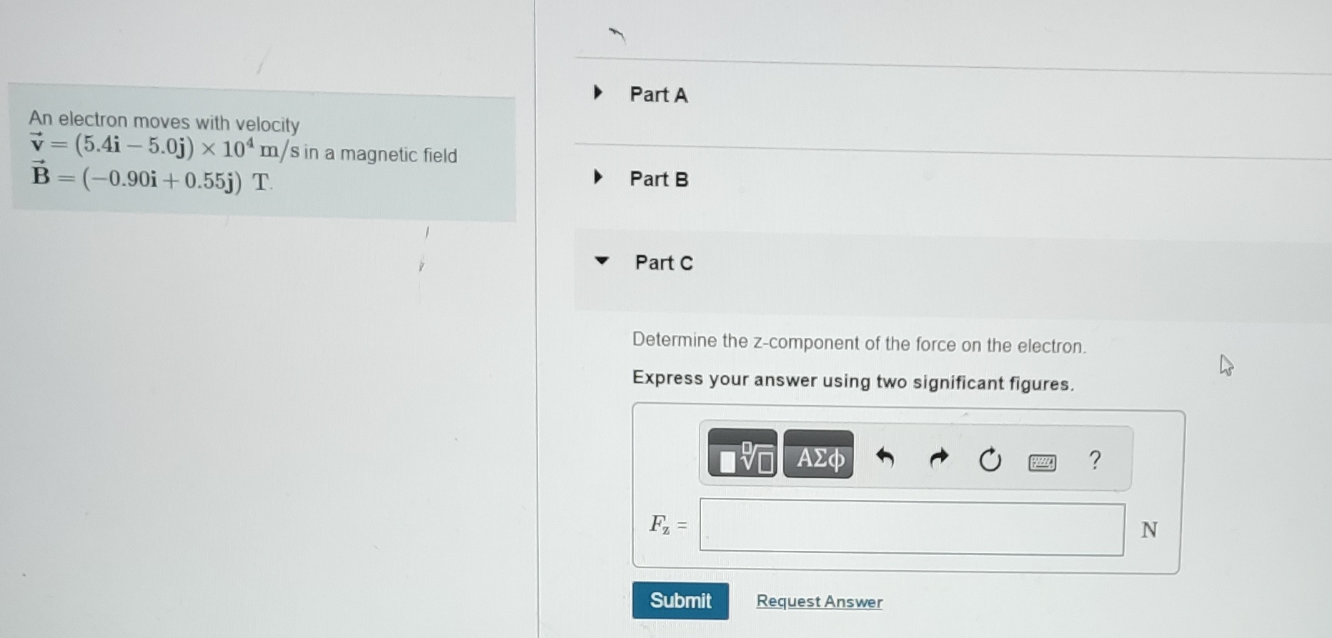 An electron moves with velocity vec ( v ) = ( 5 .