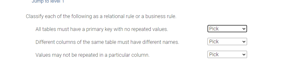 Classify each of the following as a relational